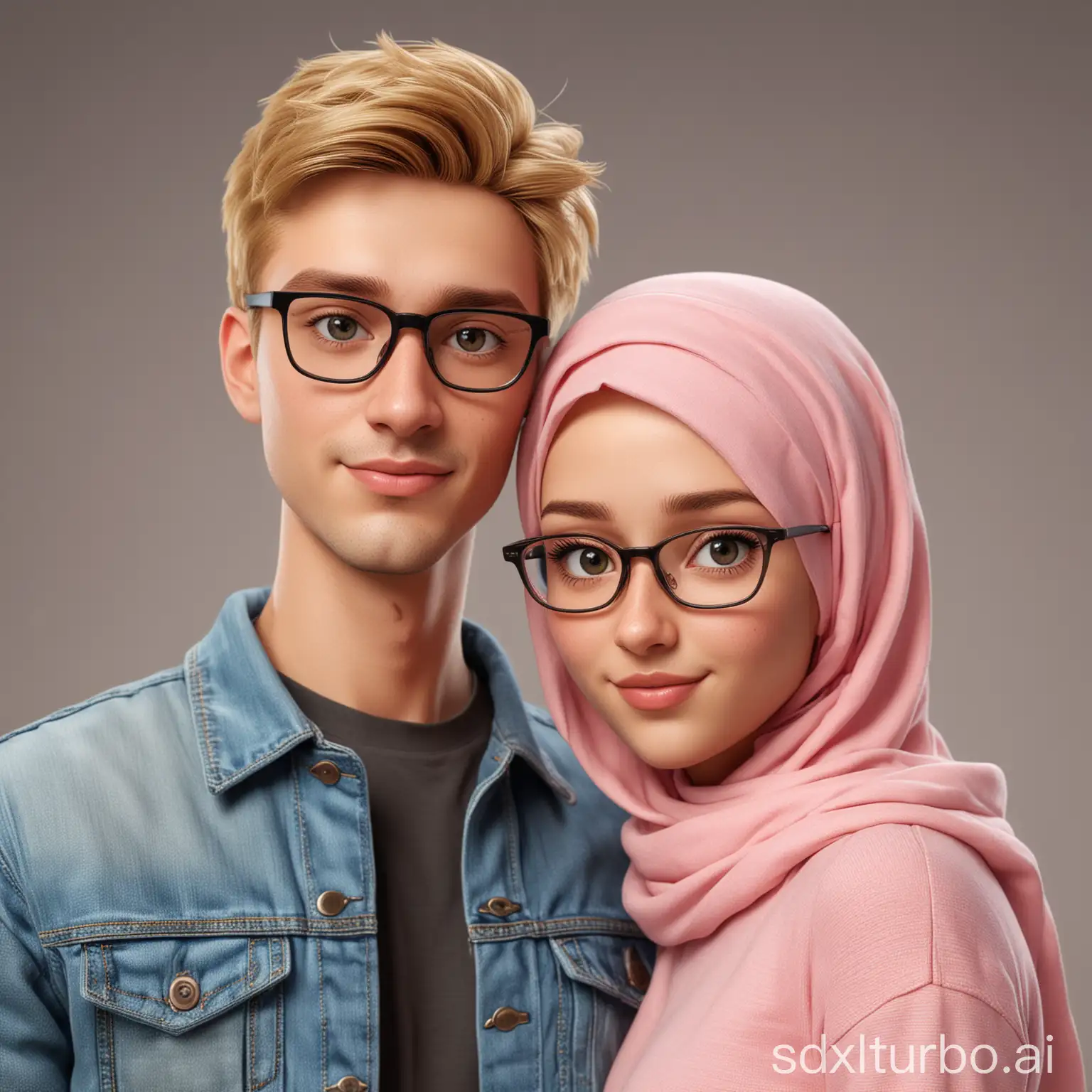 Create A Caricature 3D animation upper body with big head. A 20 year old man with normal eye shape, standing at the front wearing a denim jacket with a clearly visible collar, blonde hair, no glasses. Beside him, stood a beautiful 20 year old woman, with normal shaped eyes, wearing glasses, wearing a cream colored sweater and a pink hijab. They stand close to each other, looking focused at the camera in selfie style. The background color matches their clothes.