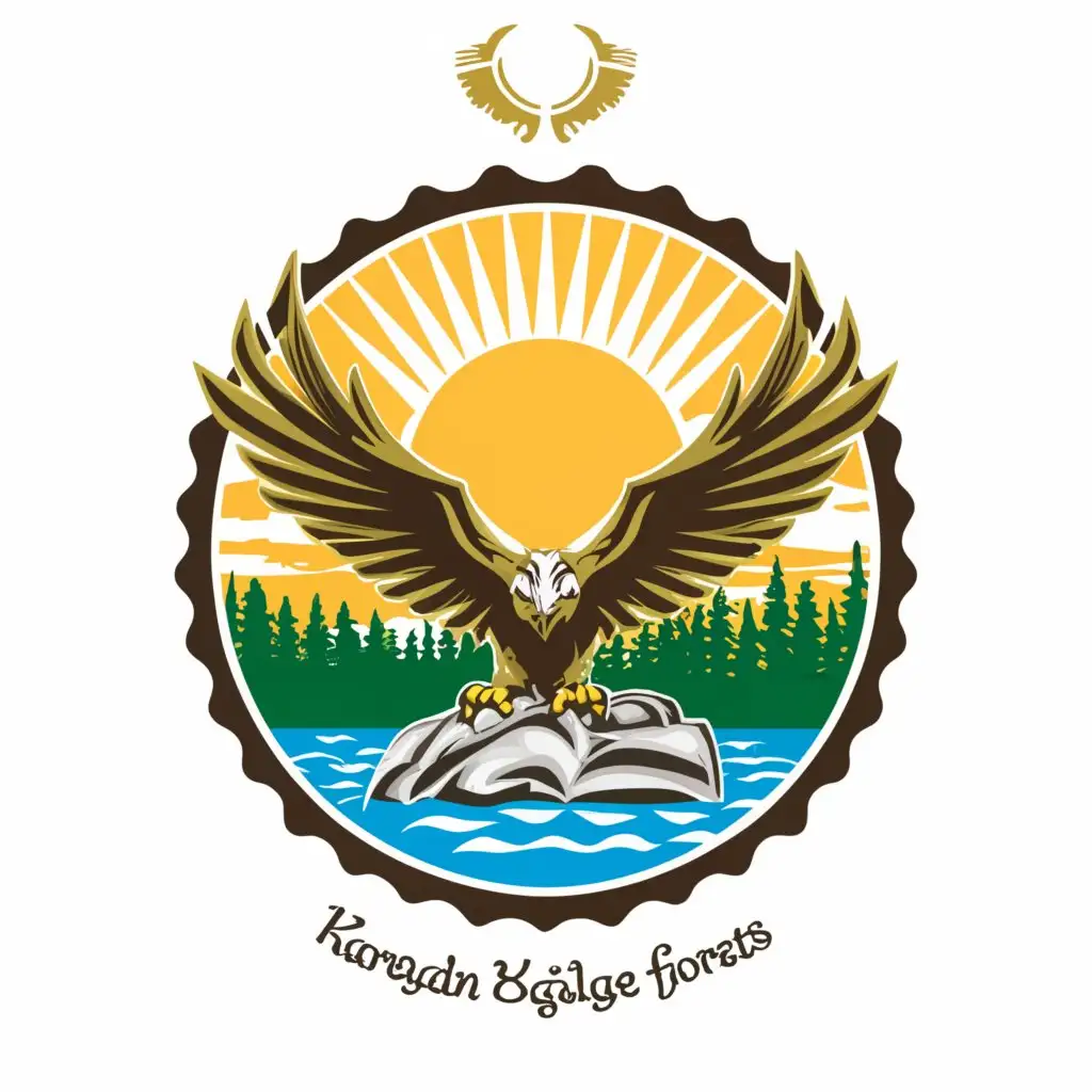 a logo design,with the text "Patch for the military-youth detachment", main symbol:Eagle, Karelian forests, rocks, lake, sun, Karelia,Moderate,be used in Others industry,clear background