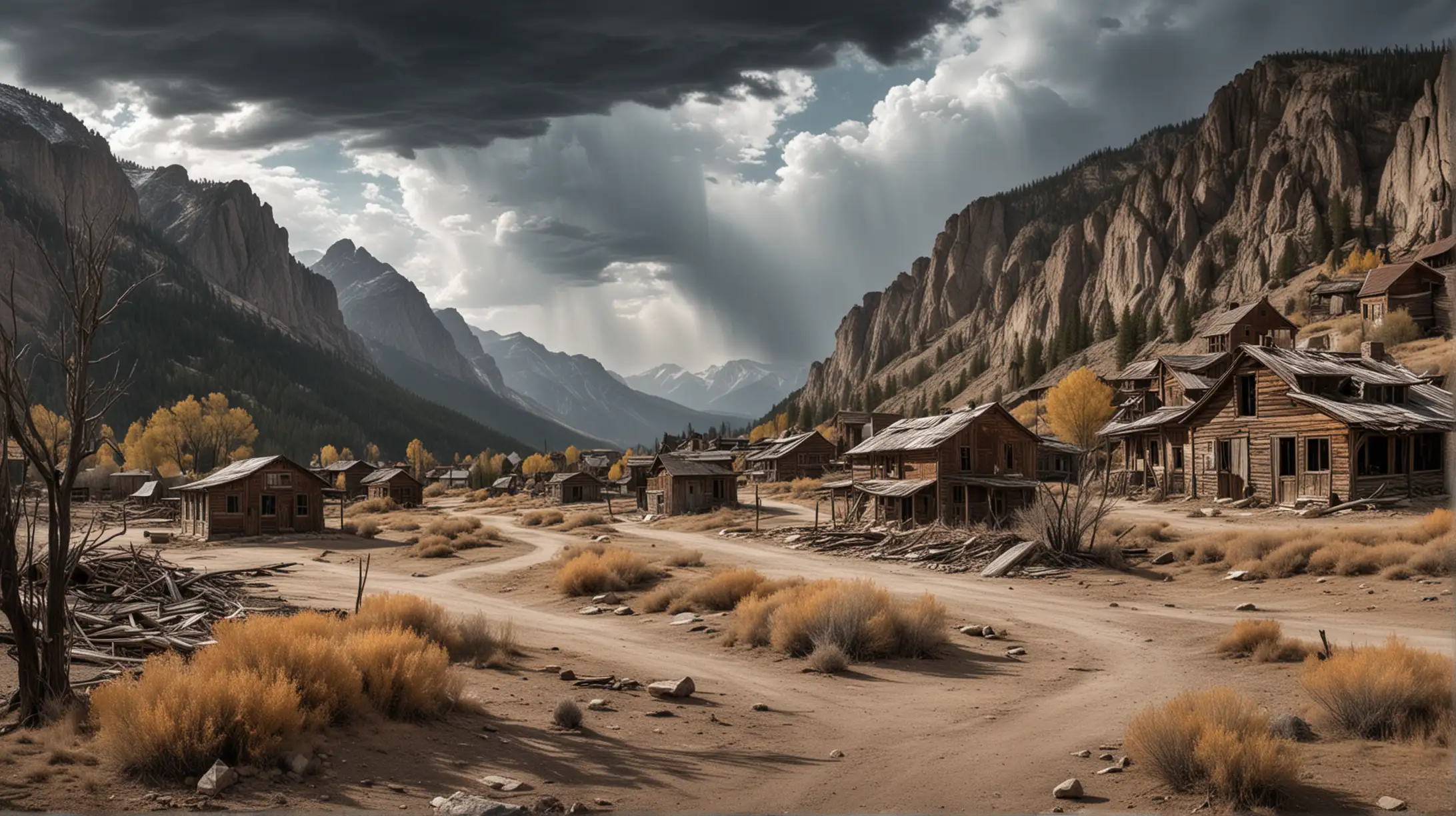 A ghost town in the Rocky Mountains, deserted, mountains and trees, sad scene, dramatic sky