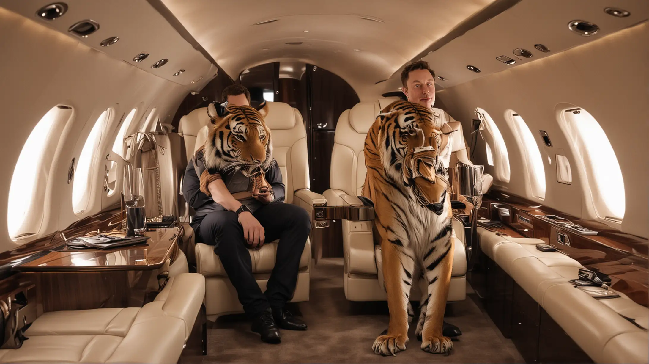 Elon Musk Relaxing Inside Luxury Private Jet with a Tiger Companion