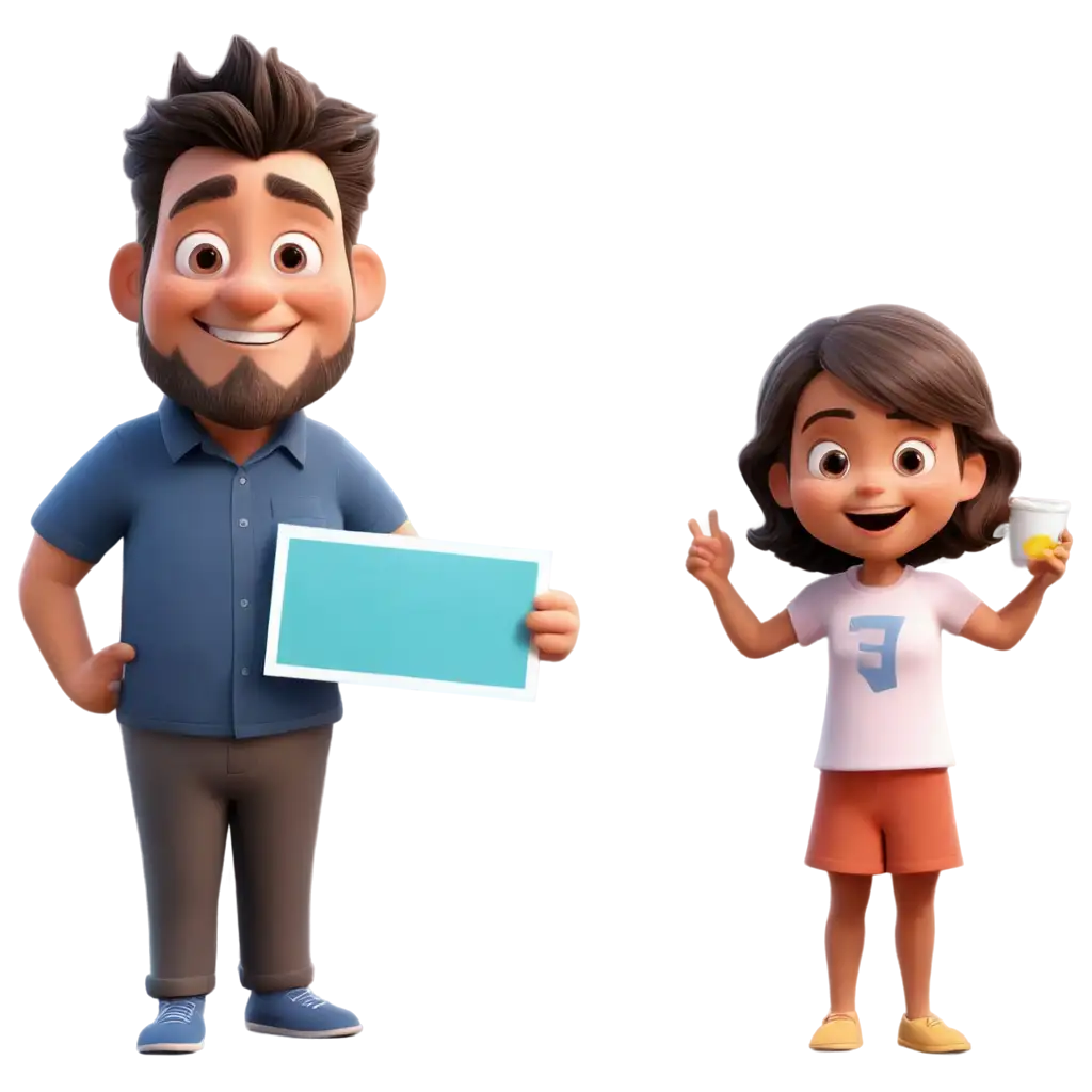 A cartoon character of a father, 2 year old boy and a 5 year old daughter holding a picture