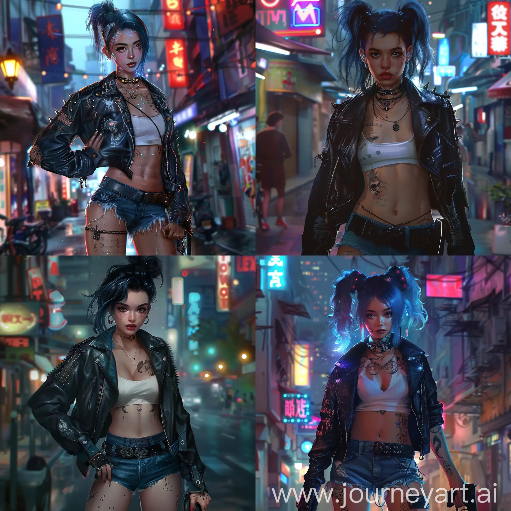 18-year-old netrunner girl, cute face, numerous freckles on her face, brown eyes, dark blue hair tied in a bun, plump lips, pierced ears, tall, curvy legs, dressed in high black boots, tight denim shorts, white top and biker leather jacket with spikes on the shoulders, this the jacket does not fasten, so that the belly and top are visible. Tattoos on the body. THE RIGHT HAND WAS REPLACED WITH A PROMINENT CYBERNETIC BLACK IMPLANT (PROSTHESIS), an implant on the left leg, an implant on the abdomen, an implant on the chest, a small implant on the cheek, all implants in the style of cyberpunk 2077, microchip connectors on the neck, a holster with a pistol (lexinkton) on the belt. It stands against the background of the street of the city "night city" at night. In the style of cyberpunk 2077.