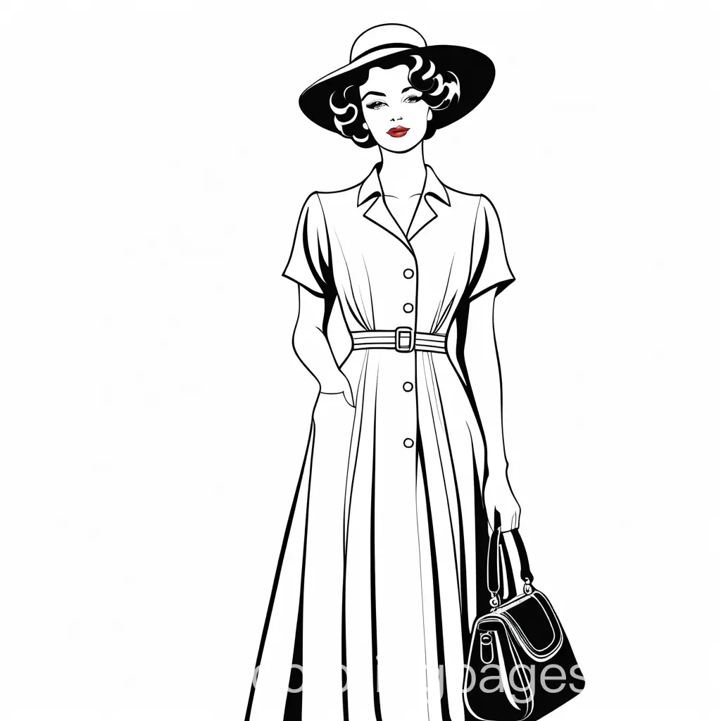 fashionable vintage woman in casual dress, Coloring Page, black and white, line art, white background, Simplicity, Ample White Space. The background of the coloring page is plain white to make it easy for young children to color within the lines. The outlines of all the subjects are easy to distinguish, making it simple for kids to color without too much difficulty