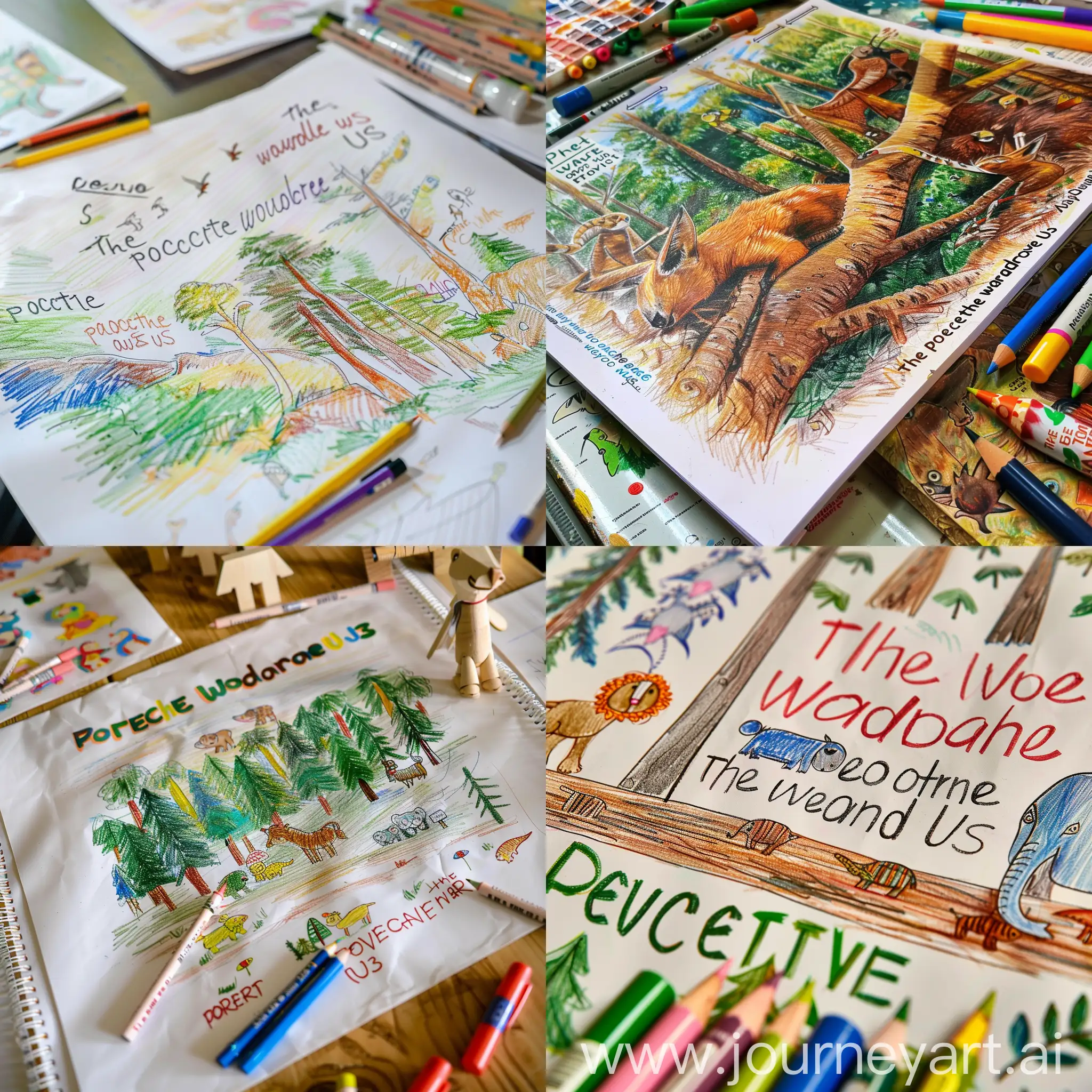 детский плакат на тему "Животный мир вокруг нас" выполнен карандашами и фломастерами неумело, плакат лежит на столе, большая ччасть плаката ничем не раскрашена, присутствуют фразы "берегите лес"