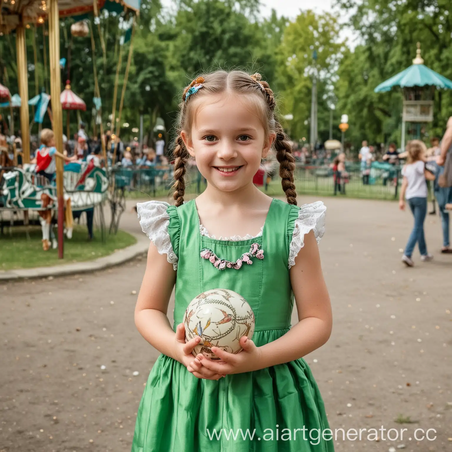 Реальная фотография. Парк. Лето. Карусели. Девочки 6 лет в зеленом платье. В руках держит шарик. Девочка улыбается. У девочки 2 косички.