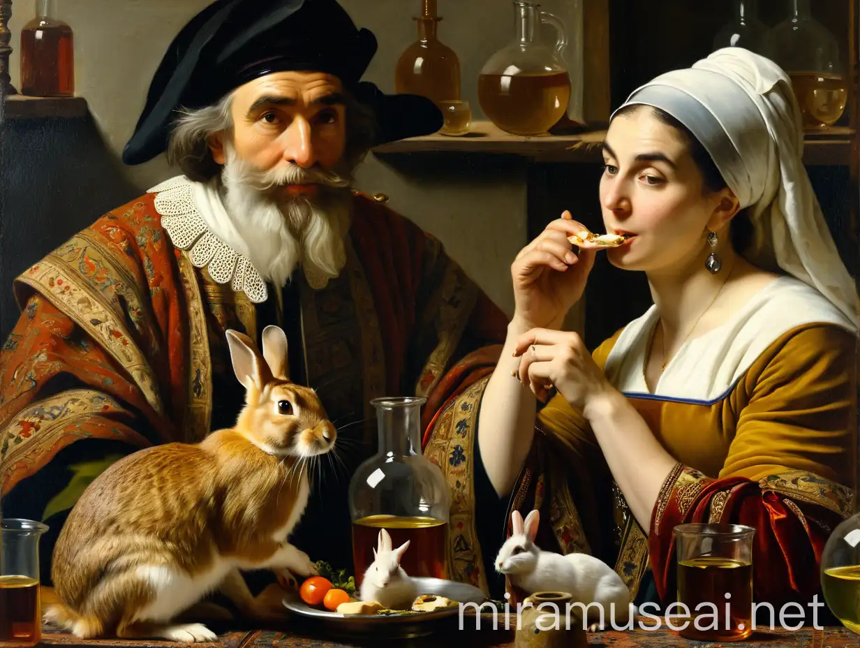 Vermeer Style Old Grotesque Couple Eating Rabbit in Chemical Laboratory