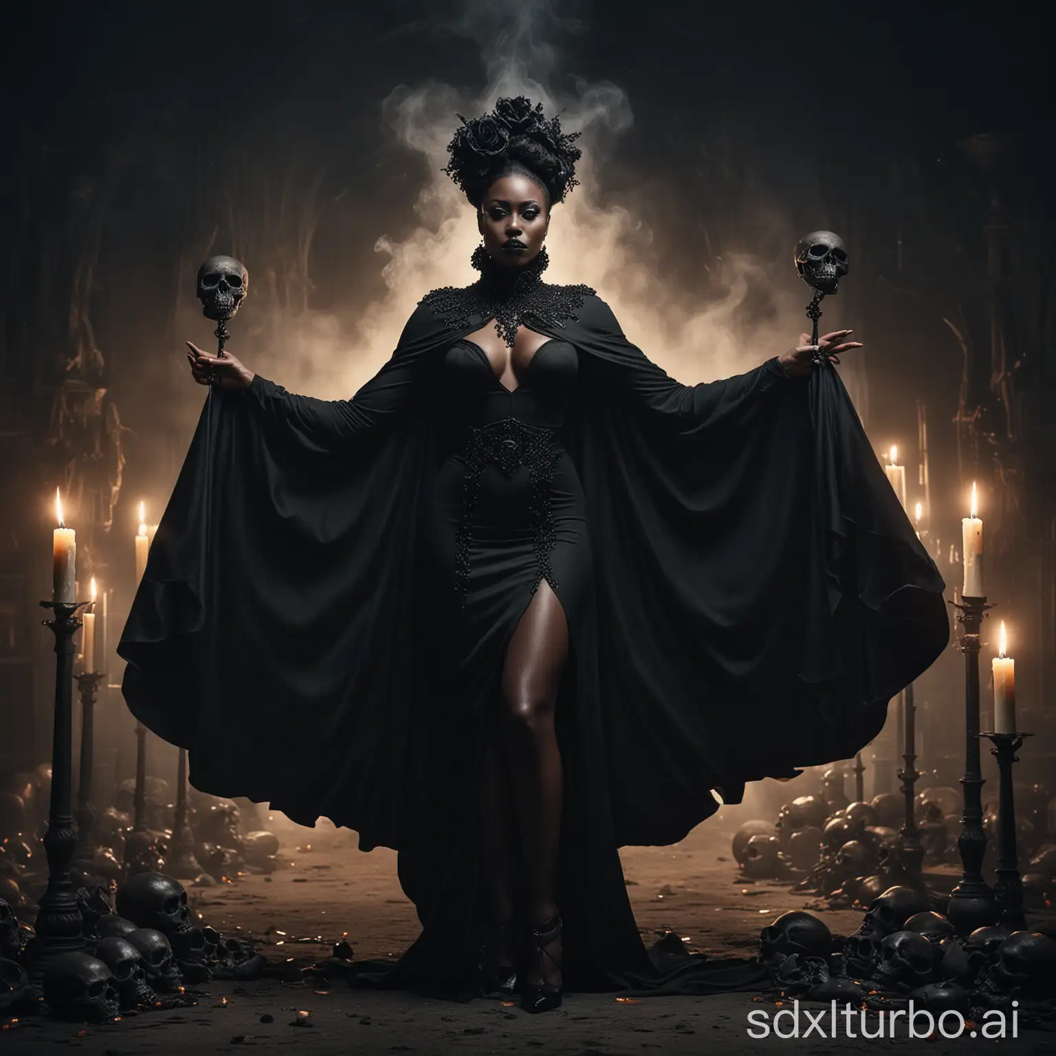 A captivating and dynamic photo of a powerful and majestic black woman, radiating an aura of authority and grace. She is dressed in a dark, elegant attire, with a cape adorned with a high collar that accentuates her strong presence. Her black makeup and high heels enhance her imposing demeanor, while the presence of two skulls on each side, each with a lit black candle, creates a mysterious and enchanting atmosphere. The scene is masterfully crafted, combining elements of mystery, power, and cinematic beauty into a mesmerizing visual experience.