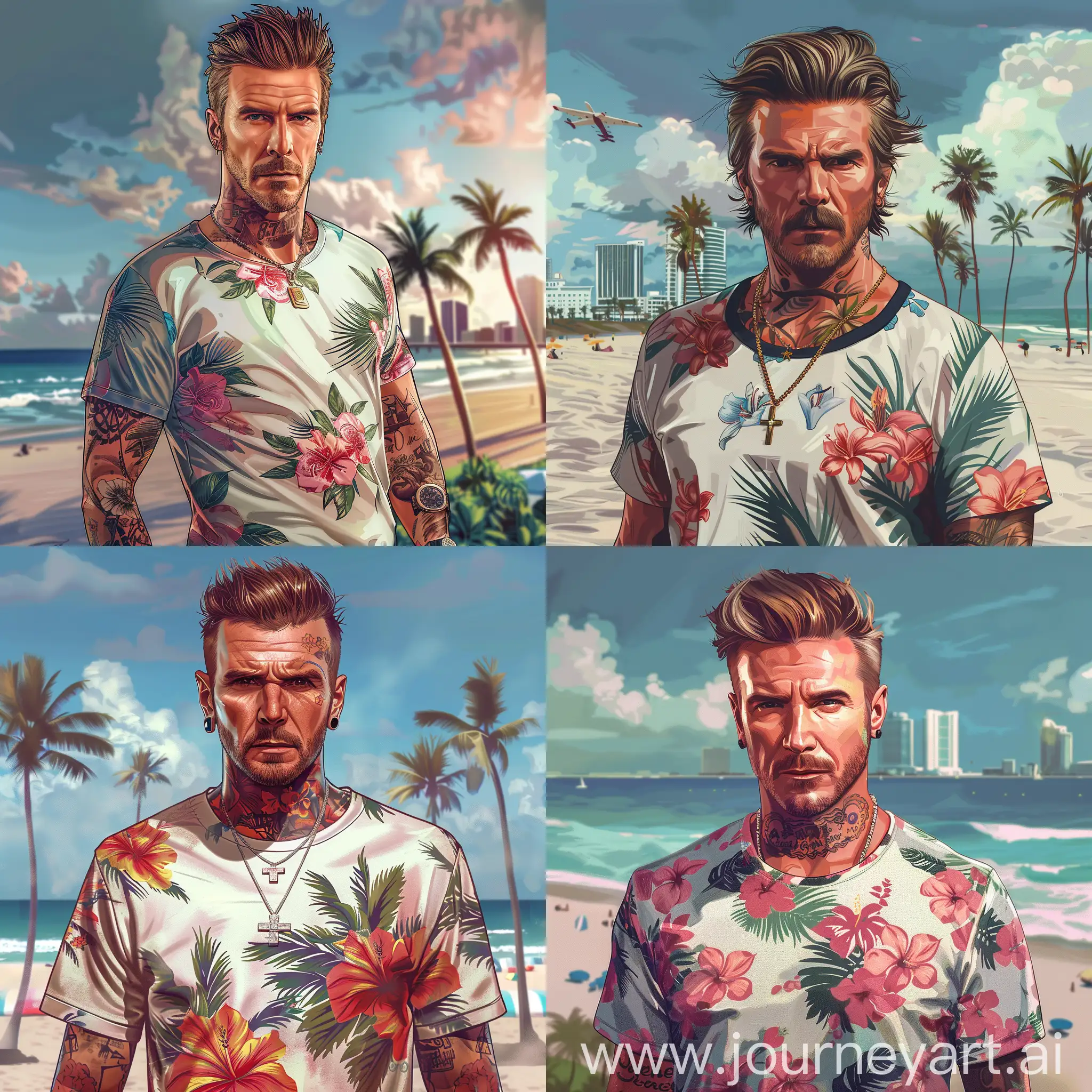 
 Jason in GTA style, portrayed by David Beckham
English former footballer, wear floral tshirt, Miami beach background, in the style of a Grand Theft Auto loading screen, full character height portrait, GTA style artwork, highly detailed, cel shading, cel art, digital painting style,8k