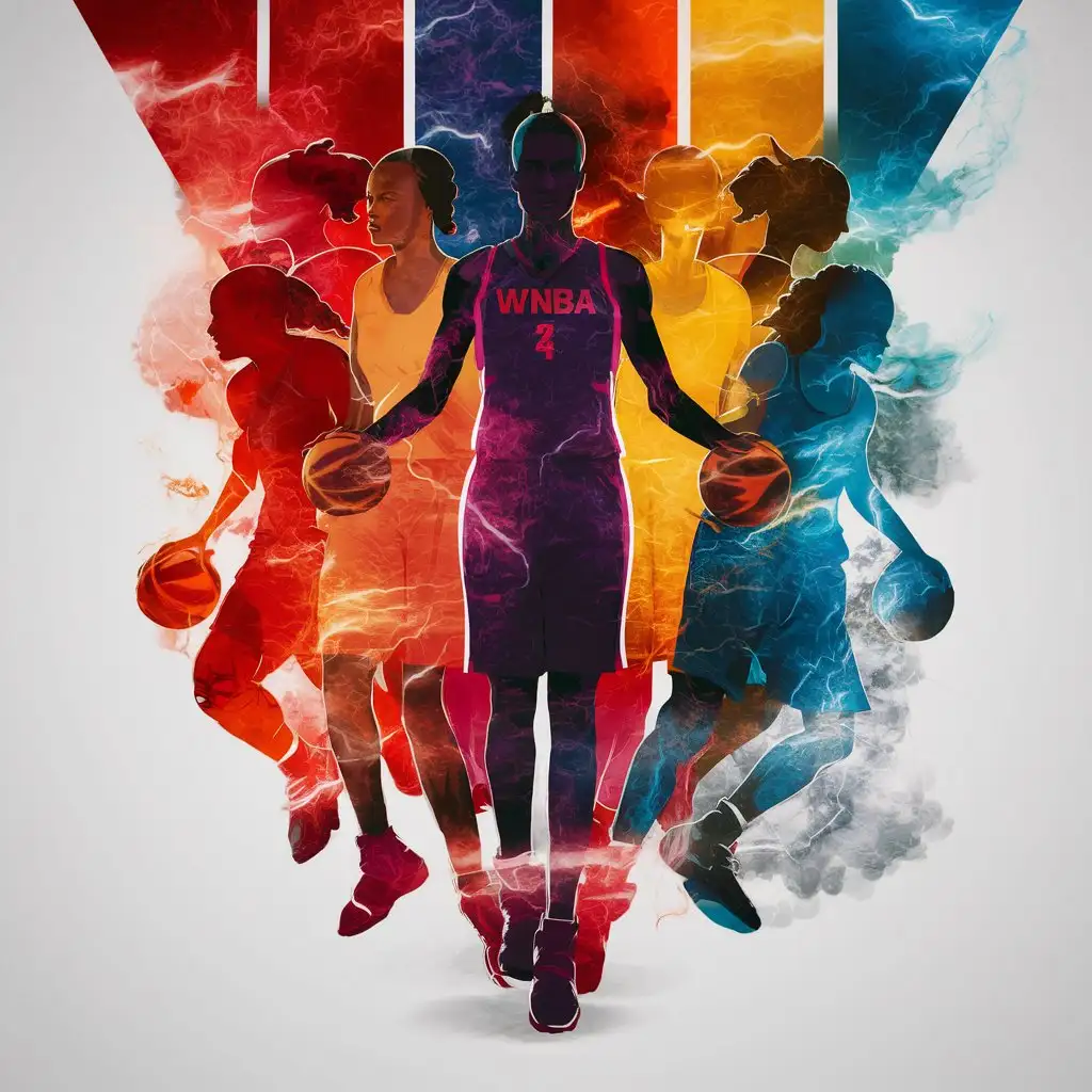  wnba abstract design, featuring hues of fiery reds, electric blues, vibrant yellows, and powerful purples, silhouettes of female basketball players, white color background