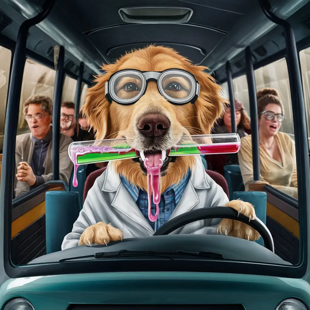 From an outsider's perspective, inside a minibus, a golden retriever wearing a lab coat and safety goggles is driving the vehicle. In one hand, it holds a test tube from which colorful liquids are bubbling. Saliva drips from the edge of the golden retriever's mouth.