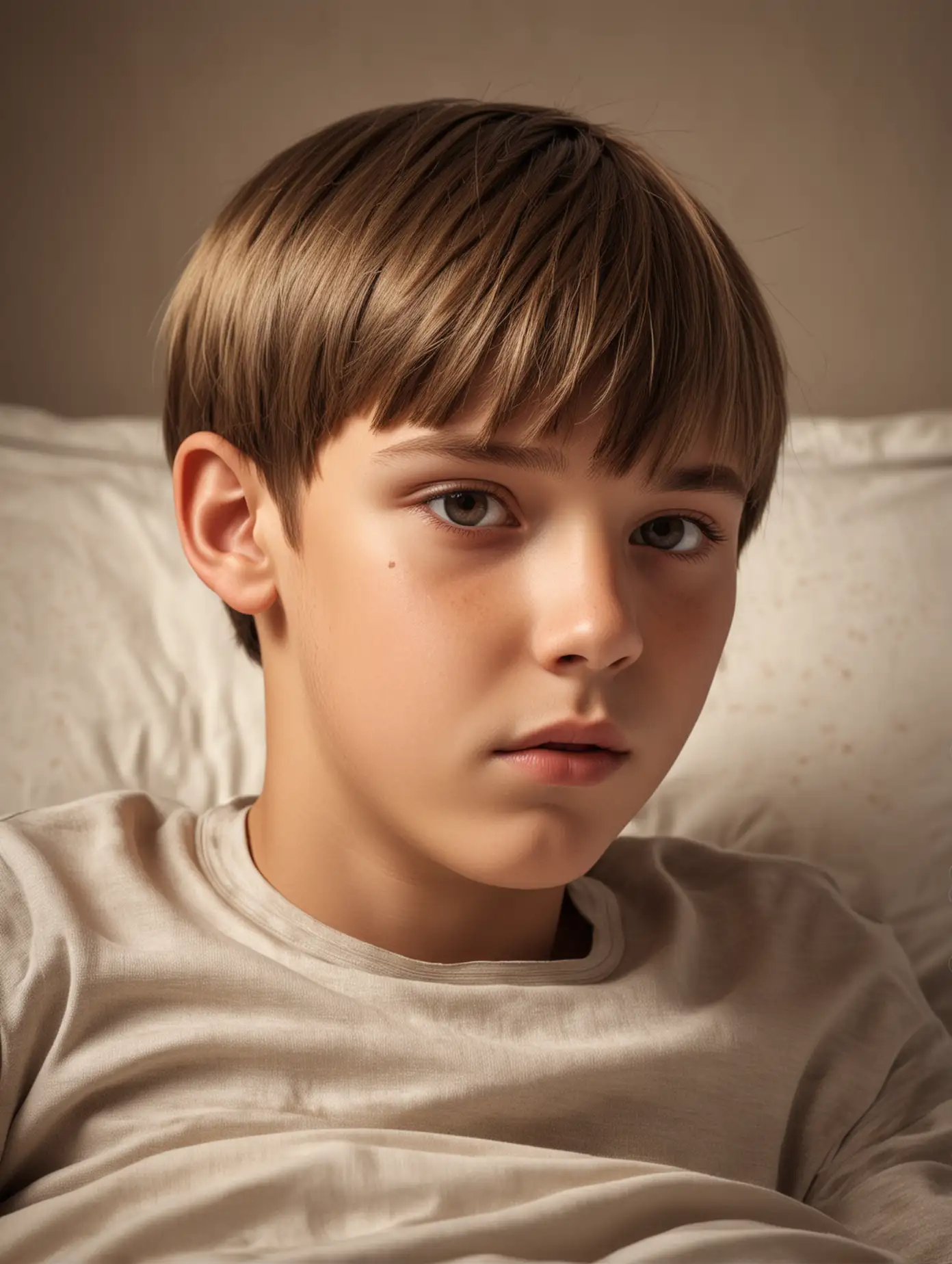 Hyper realistic photo of twelve  year old boy, close up smooth, straight, flat, shiny light brown, with highlights, bowl cut  hair, resting on bed,  bright light overhead, profile view 
