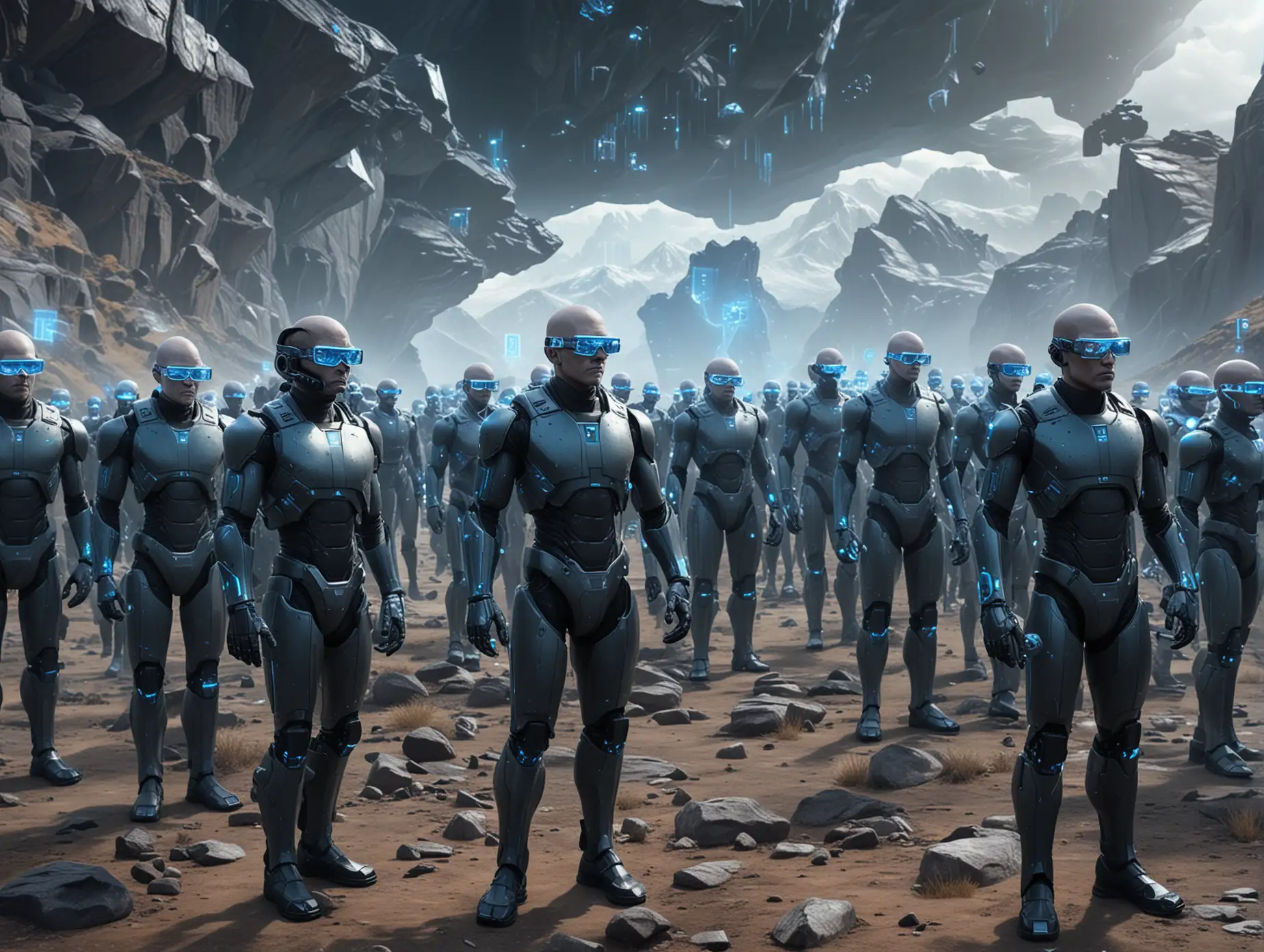 a huge group of bald grey skin humans with electronic blue holo maps in their hands and tech glasses and binoculars on their head.
 They looking their devices.
Big futuristic walkers next to they (holo-maps on their windows).
With sci-fi dark-black rocky smoky battlefield background.