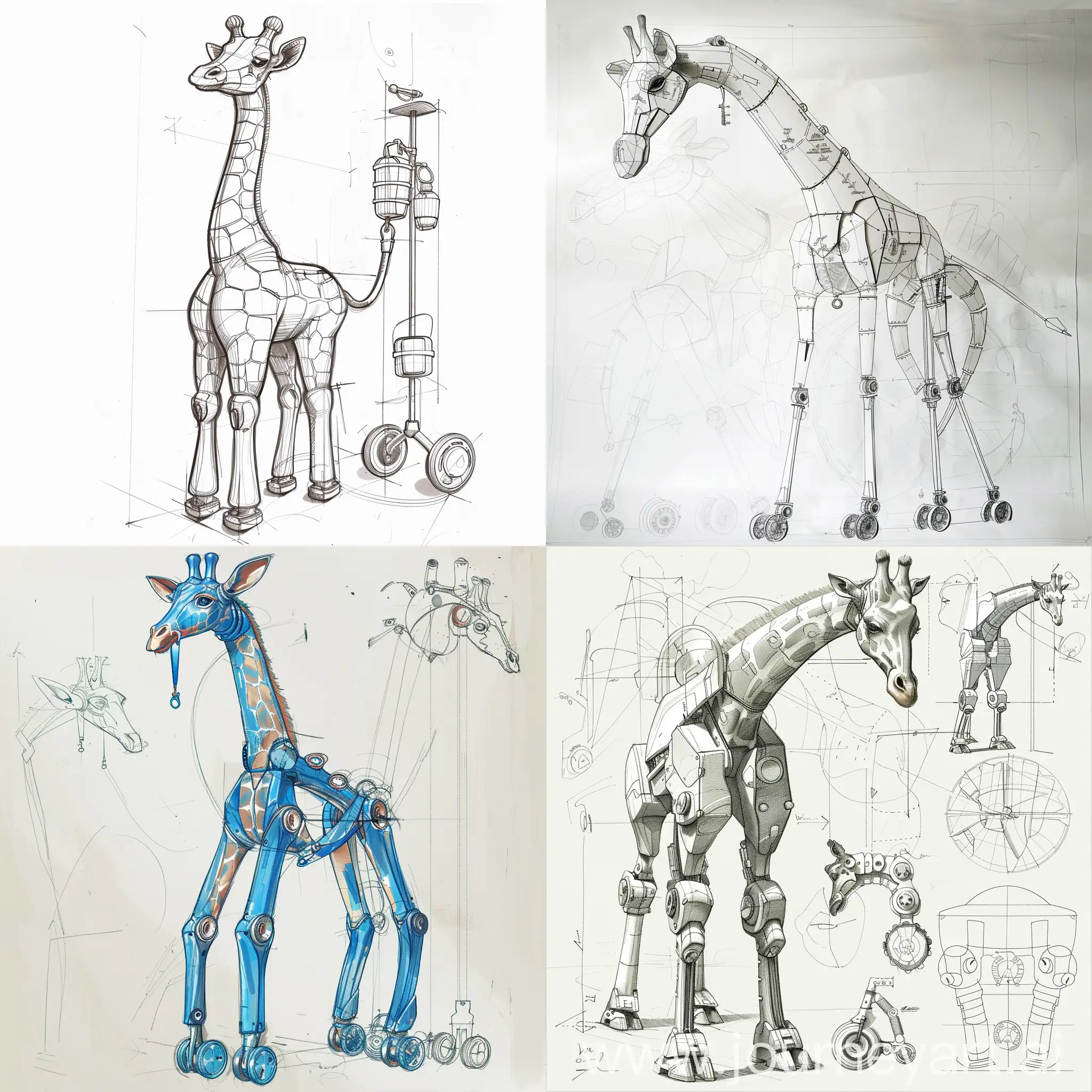 Bionic giraffe shape, design giraffe shaped saltwater hanging rod, giraffe antlers and ears as the hook part, can be used to hang the liquid bag, extract the giraffe neck elements, make into a telescopic rod, can adjust the height, giraffe feet are designed as wheels, can be pushed, easy to move, design saltwater hanging rod, product design sketch, line draft, white background, Deduction process, without color, various directions of the drawing, product design hand-painted
