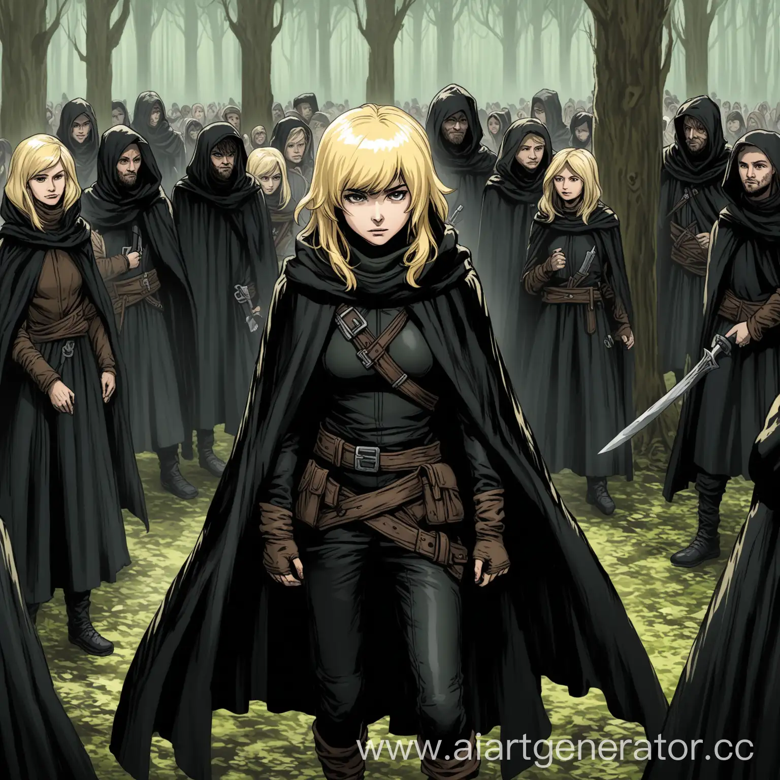 Blond-Rogue-in-Enchanted-Forest-Surrounded-by-Figures-in-Black-Cloaks