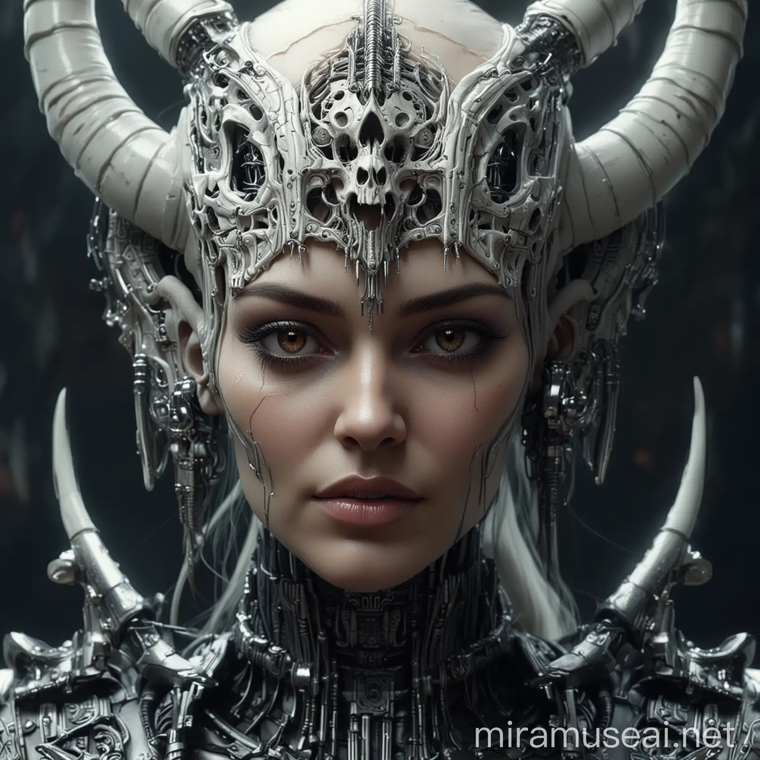 a close up of a woman with horns and a skull head, cinematic goddess close shot, psytrance and giger, beautiful biomechanical djinn, portrait of a cyborg queen, attractive sci - fi face, hyperdetailed fantasy character, white horns queen demon, close-up portrait goddess skull, unreal engine render