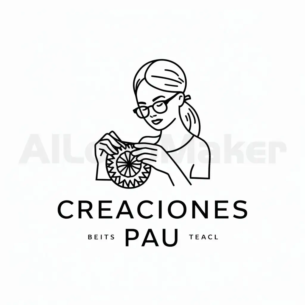 a logo design,with the text "Creaciones Pau", main symbol:A woman with glasses and hair tied back crocheting,Moderate,be used in Manualidades industry,clear background