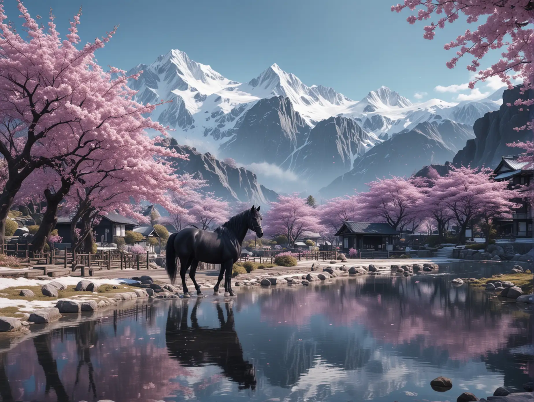 Create a village of a cyan lake and a waterfall in front of snow mountains, cherry blossom, blue sky and a black horse standing to the left of the picture, shades of purple and black, photo realistic, 4k
