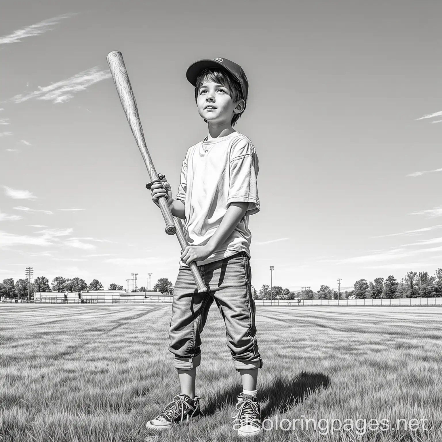 a young boy holding a baseball bat on top of a field, Coloring Page, black and white, line art, white background, Simplicity, Ample White Space