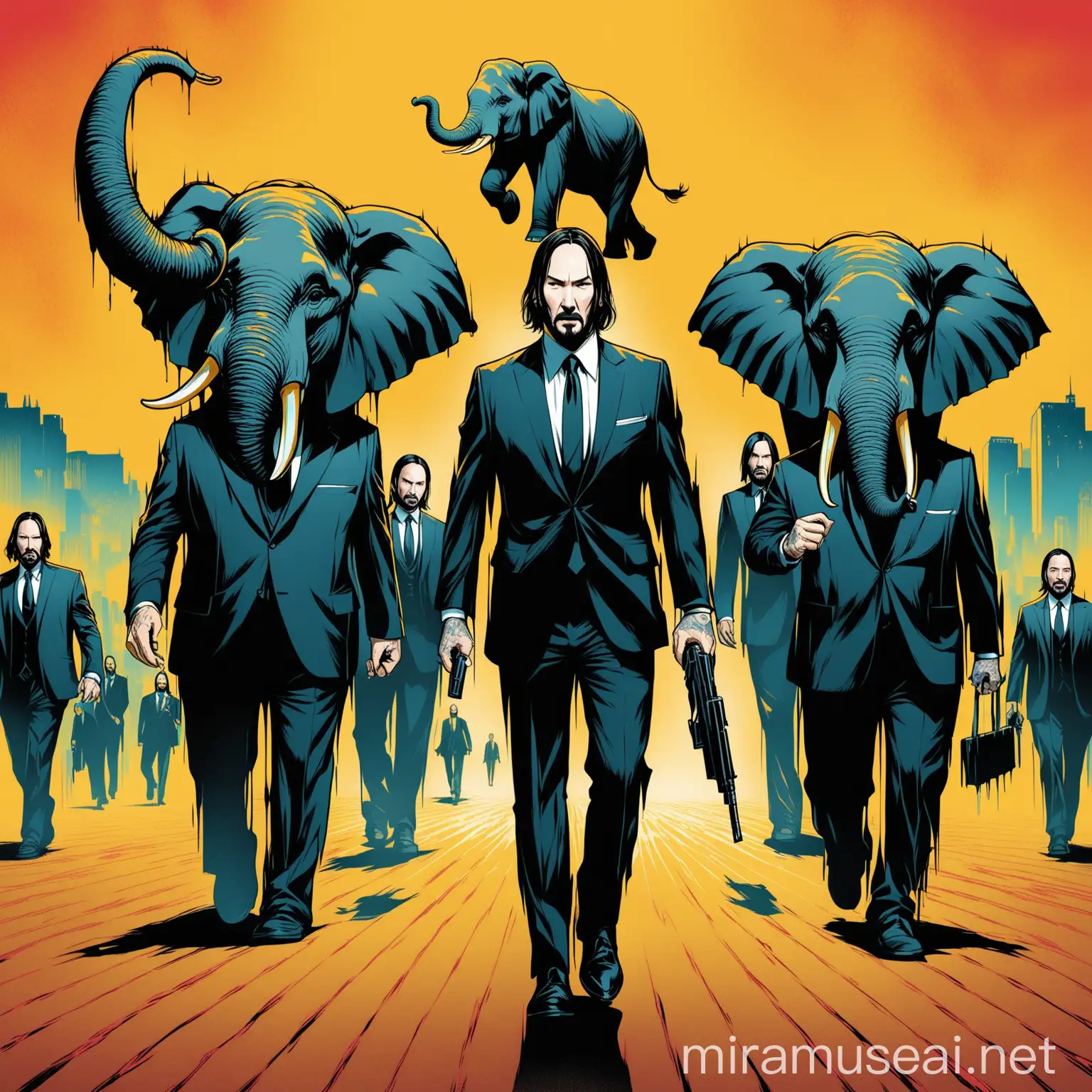 Poster for johnwick with characters as elephants in the style of dali
