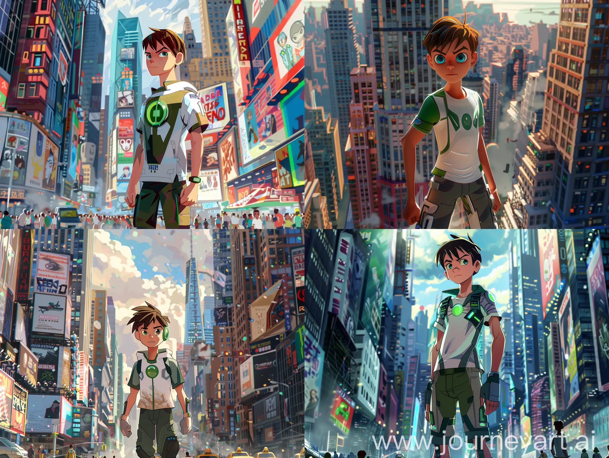Ben 10, the iconic animated character, stands confidently amidst a bustling cityscape, his presence commanding attention. Render in a photorealistic style with intricate details and vibrant colors.
