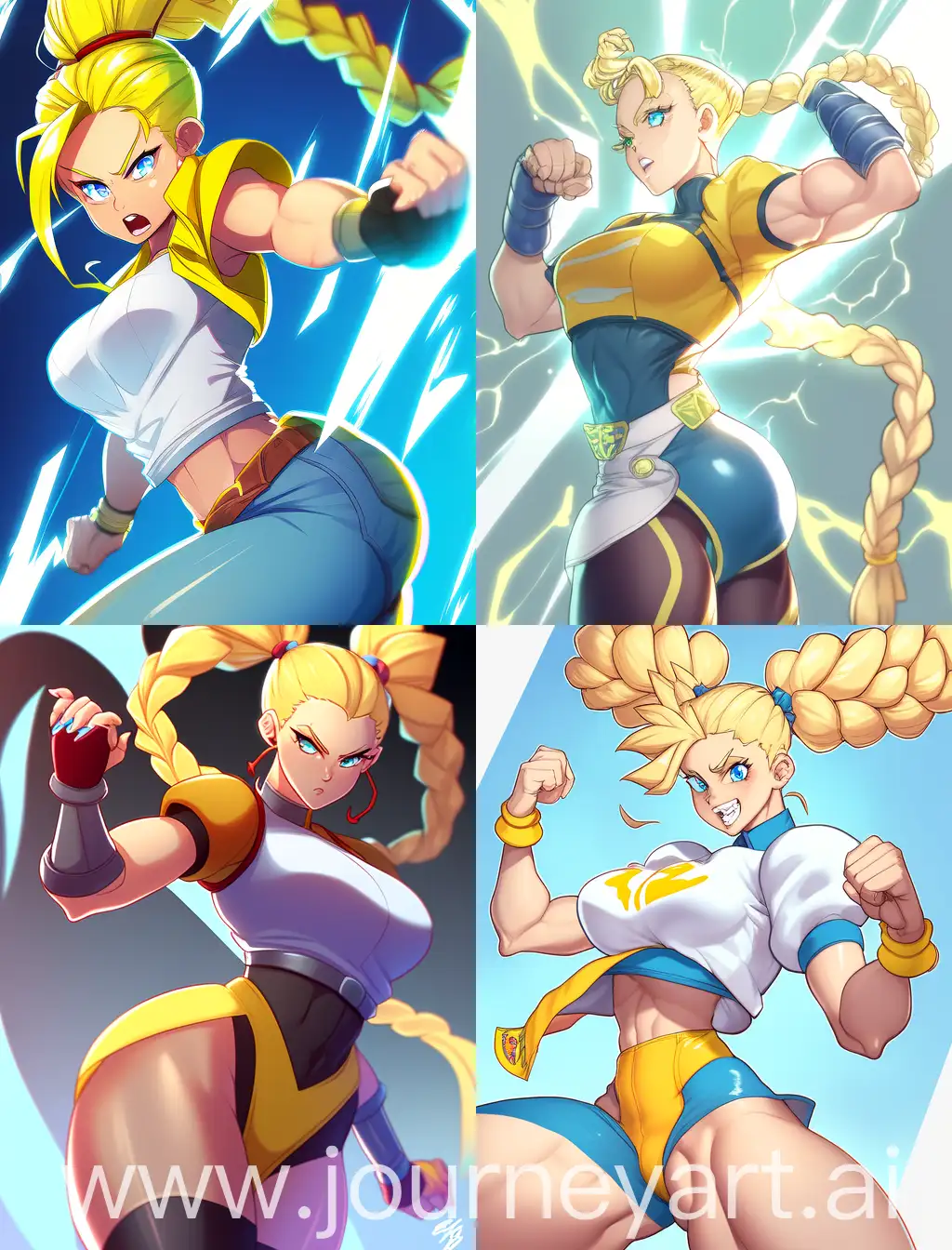 Pumped-up woman with yellow hair, hair braided in a high ponytail, blue eyes, white skin, big pelvis
