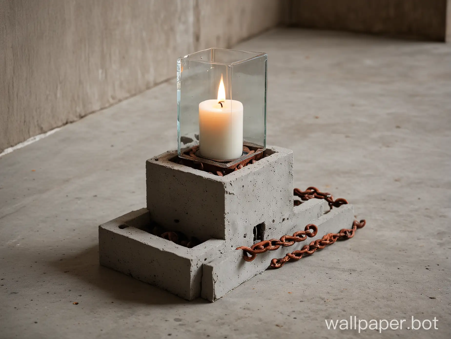 candle holder in minimalist style made from cement cube cement stairs and rusty chains and bolts