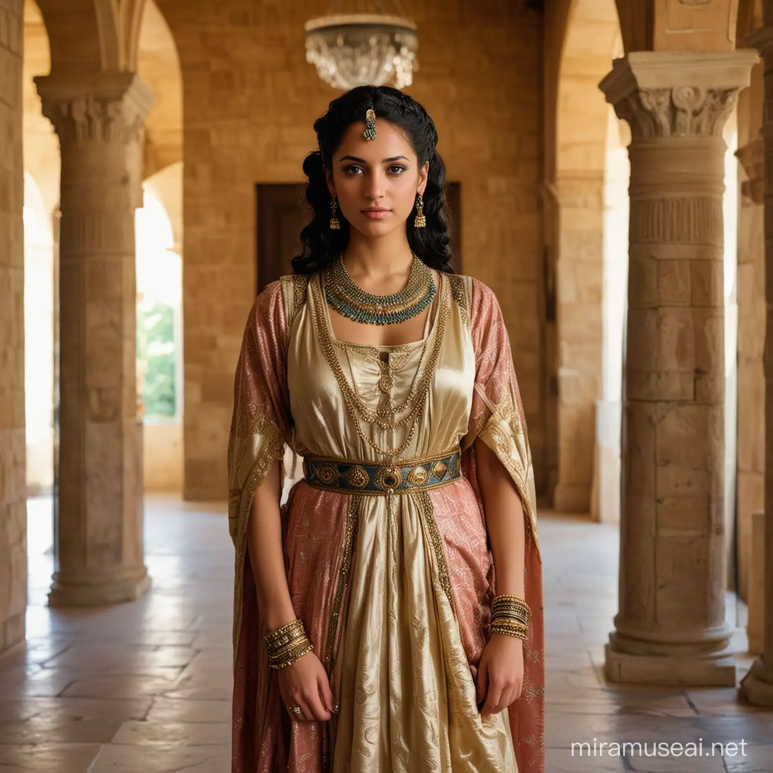 Photo in medieval-Roman style: A female Egyptian woman with a hairstyle like queen Cleopatra, 30 years old, dressed in noble, very airy medieval-Mediterranean silk clothing stands in a foyer of a medieval-Mediterranean dressed in noble, very airy medieval-Mediterranean silk clothing stands in a foyer of a medieval-Mediterranean villa in the colonial style. She has a self-confident but not unfriendly look. Sigma 85mm F/1.4