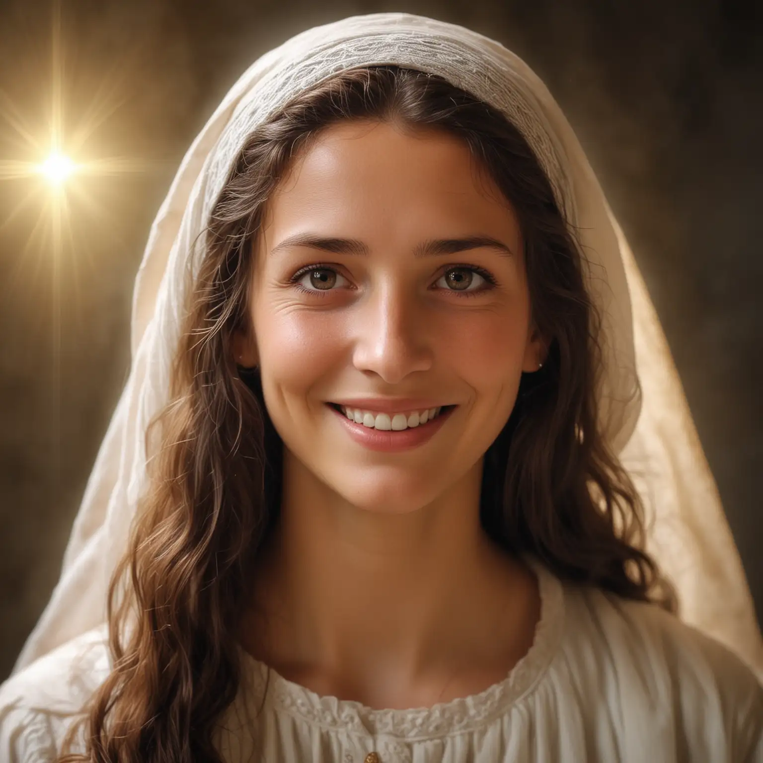 Marie de magdala, souriante, les yeux plein de bienveillance. Elle rayonne de lumière. Jésus est dans son coeur. 