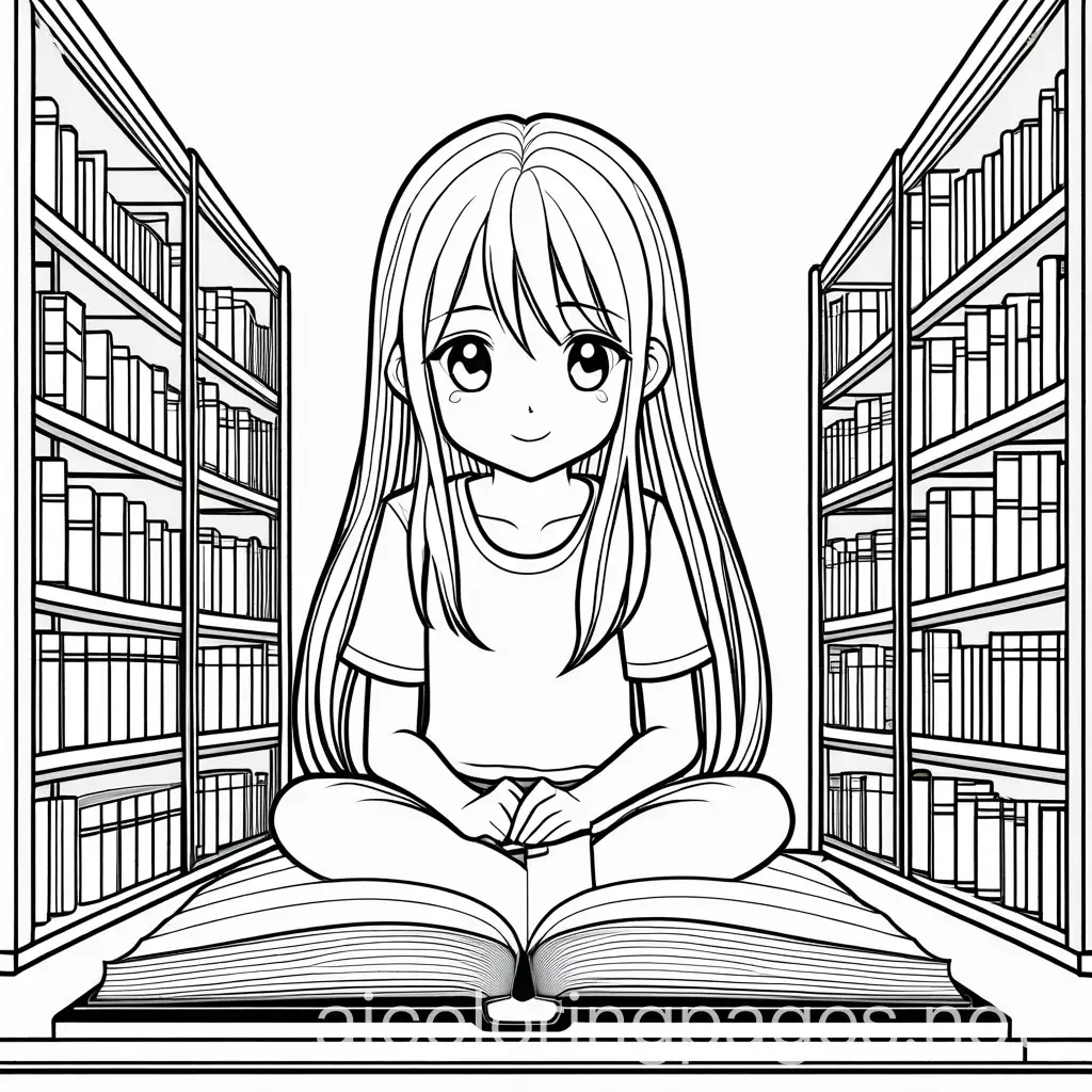 manga style 15 years long hair girl was just drop 5 books in the school library on the ground. , Coloring Page, black and white, line art, white background, Simplicity, Ample White Space. The background of the coloring page is plain white to make it easy for young children to color within the lines. The outlines of all the subjects are easy to distinguish, making it simple for kids to color without too much difficulty