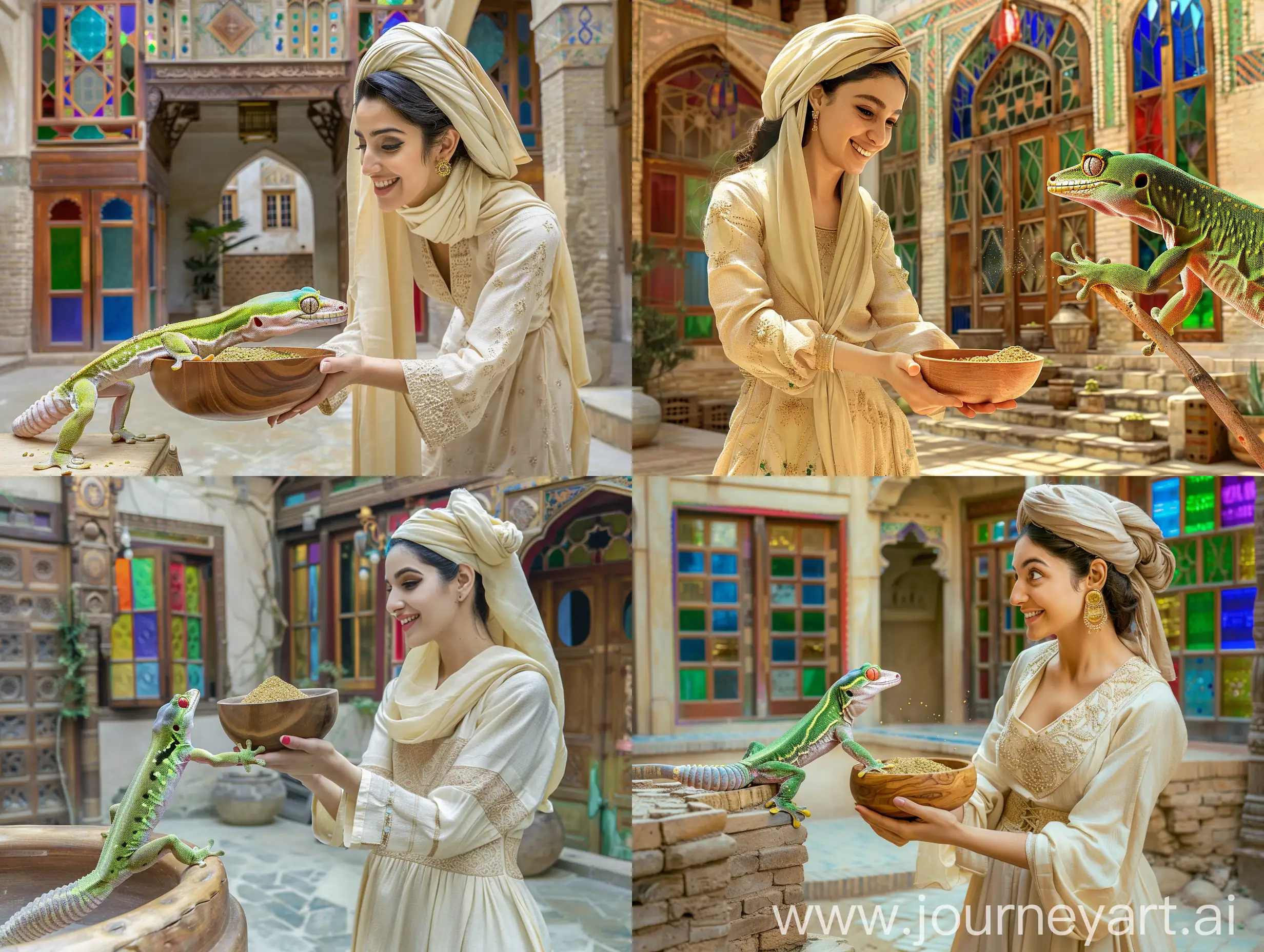 Persian-Woman-Offering-Pistachio-Powder-to-Giant-Green-Gecko-in-Traditional-Courtyard-Scene