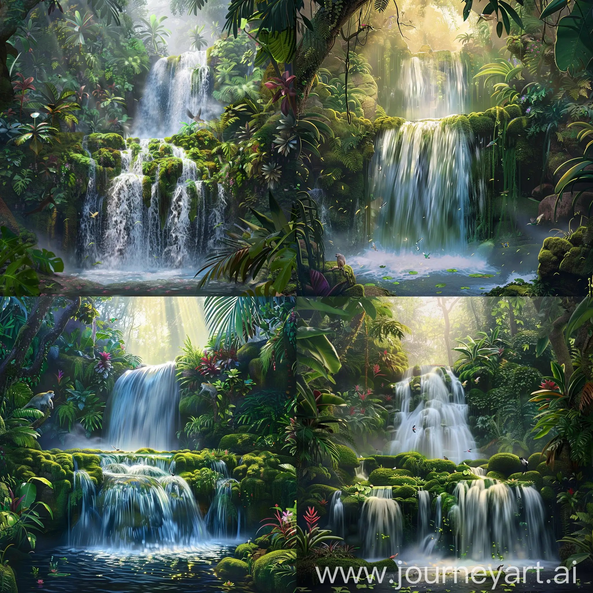 "Design a stunning and immersive jungle waterfall scene that embodies tranquility and the beauty of nature for a desktop wallpaper. The waterfall should be the central focal point, cascading over mossy rocks with crystal-clear water that shimmers in the sunlight. The water should create a gentle mist as it falls into a serene pool below, surrounded by lush, vibrant tropical foliage of various shades of green. Include exotic plants and flowers native to the jungle environment, enhancing the feeling of a tropical paradise.  The composition should be wide enough to fill a desktop screen without losing any of its detail when set as wallpaper. The top of the waterfall might disappear into the dense jungle canopy above, suggesting the grandeur and scale of the jungle's natural architecture. The lighting should be soft and diffused, with rays of sunlight breaking through the treetops to create a mystical atmosphere. Integrate subtle details such as birds in flight or a monkey observing from a tree branch to bring the scene to life. The overall effect should be one of a hidden oasis, captivating and peaceful, suitable for a desktop background that brings a sense of calm and inspiration to anyone who views it."