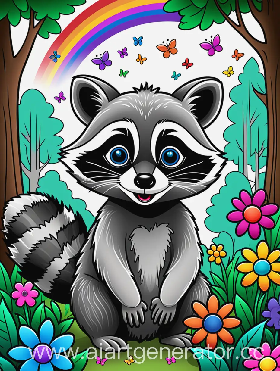 Create a coloring book cover for kids. The center of the cover should feature an image of a cute raccoon with big eyes and a playful facial expression. Around the raccoon, there should be intricate patterns and elements suitable for coloring, such as flowers, trees, butterflies, and rainbows. The cover background should be bright and colorful to catch children's attention. At the top of the cover, the book's title "Coloring Book for Kids" should be written in large, attractive font.