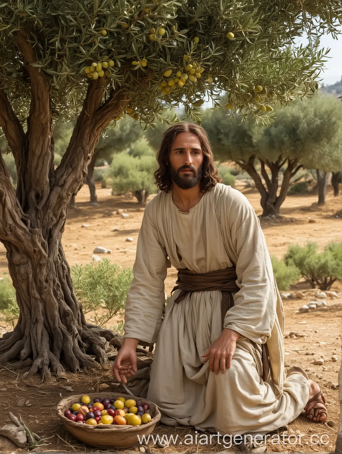 Jesus next to the olive tree, with fruit