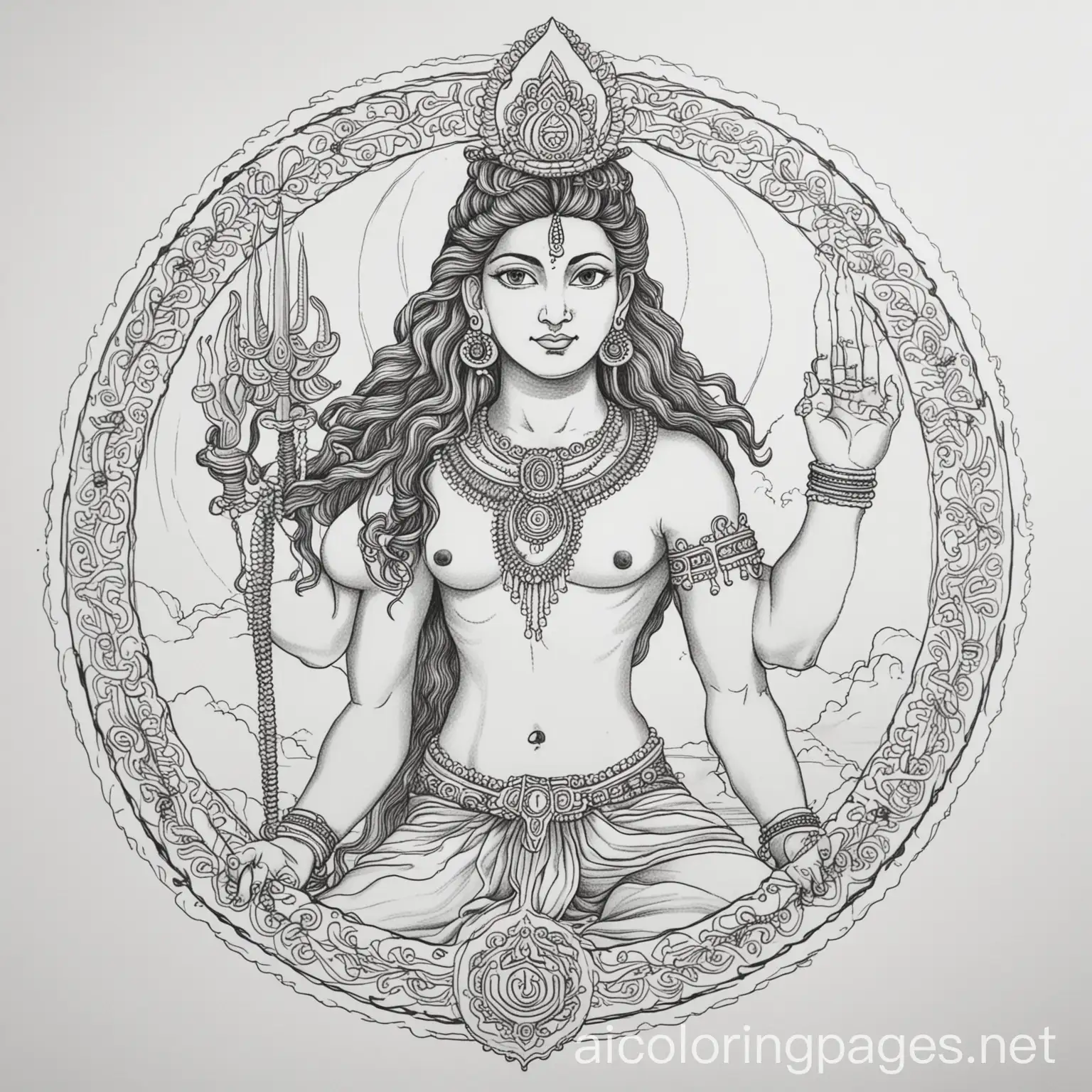Shiva shakti temple in the Caribbean, Coloring Page, black and white, line art, white background, Simplicity, Ample White Space. The background of the coloring page is plain white to make it easy for young children to color within the lines. The outlines of all the subjects are easy to distinguish, making it simple for kids to color without too much difficulty