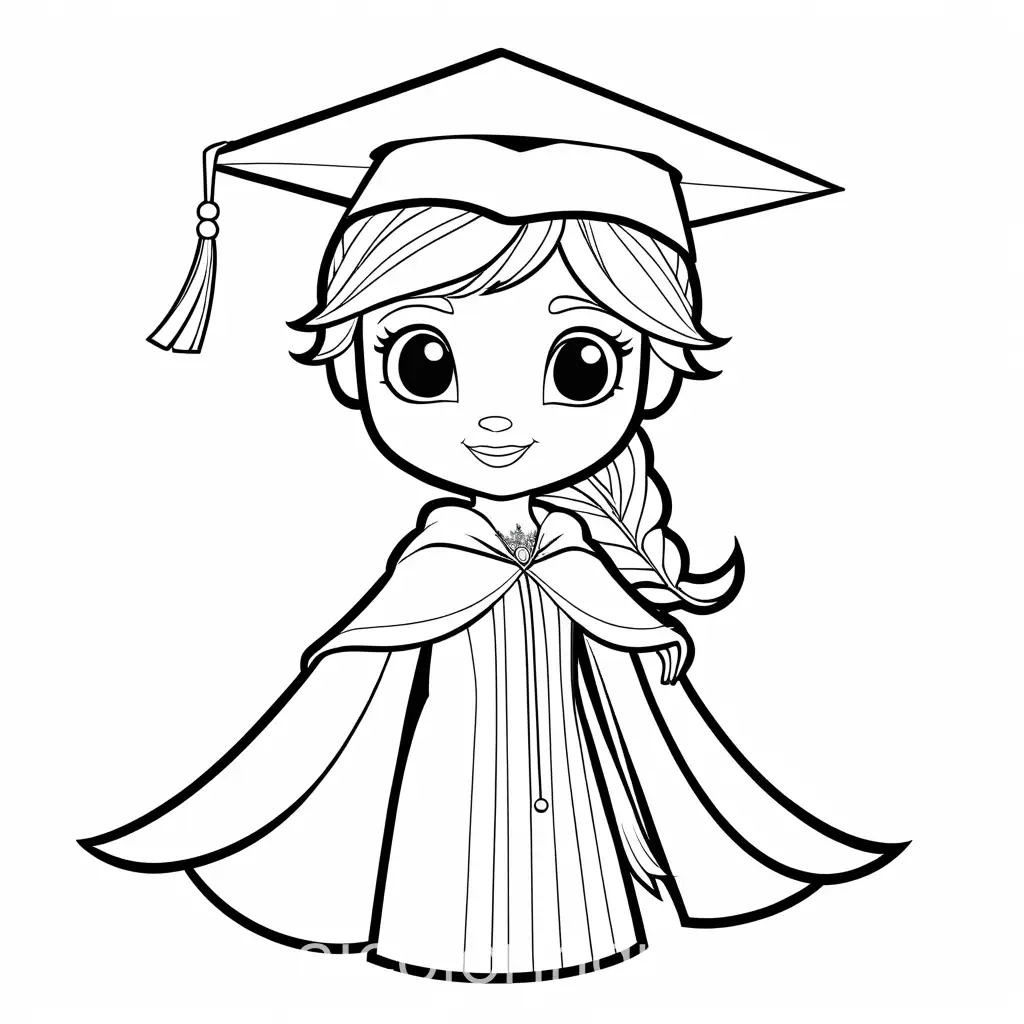 preschool elsa frozen with graduation cap, Coloring Page, black and white, line art, white background, Simplicity, Ample White Space