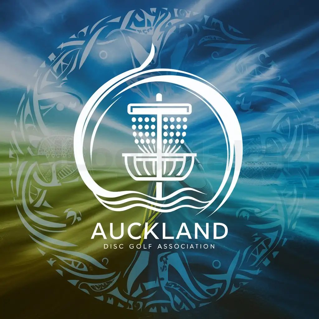 a logo design,with the text "Auckland disc golf association", main symbol:Disc golf basket, modern design, blue and green colour's, flying frisbee, nature, Maori culture,Moderate,clear background