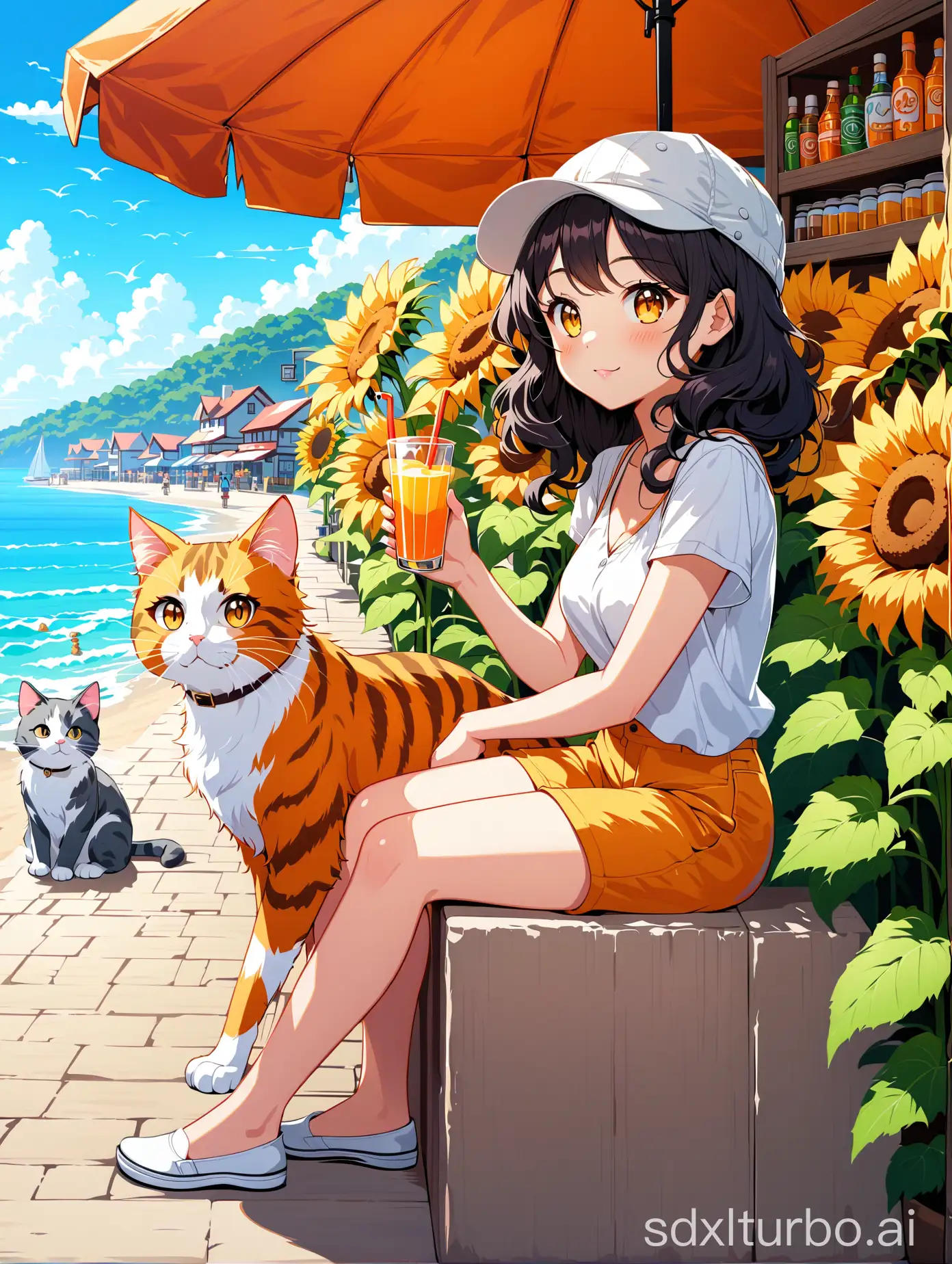 A black, slightly curly-haired woman, wearing a duckbill cap, with a gray calico cat and an orange Garfield cat beside her, sitting next to a drink shop by the sea with sunflowers.