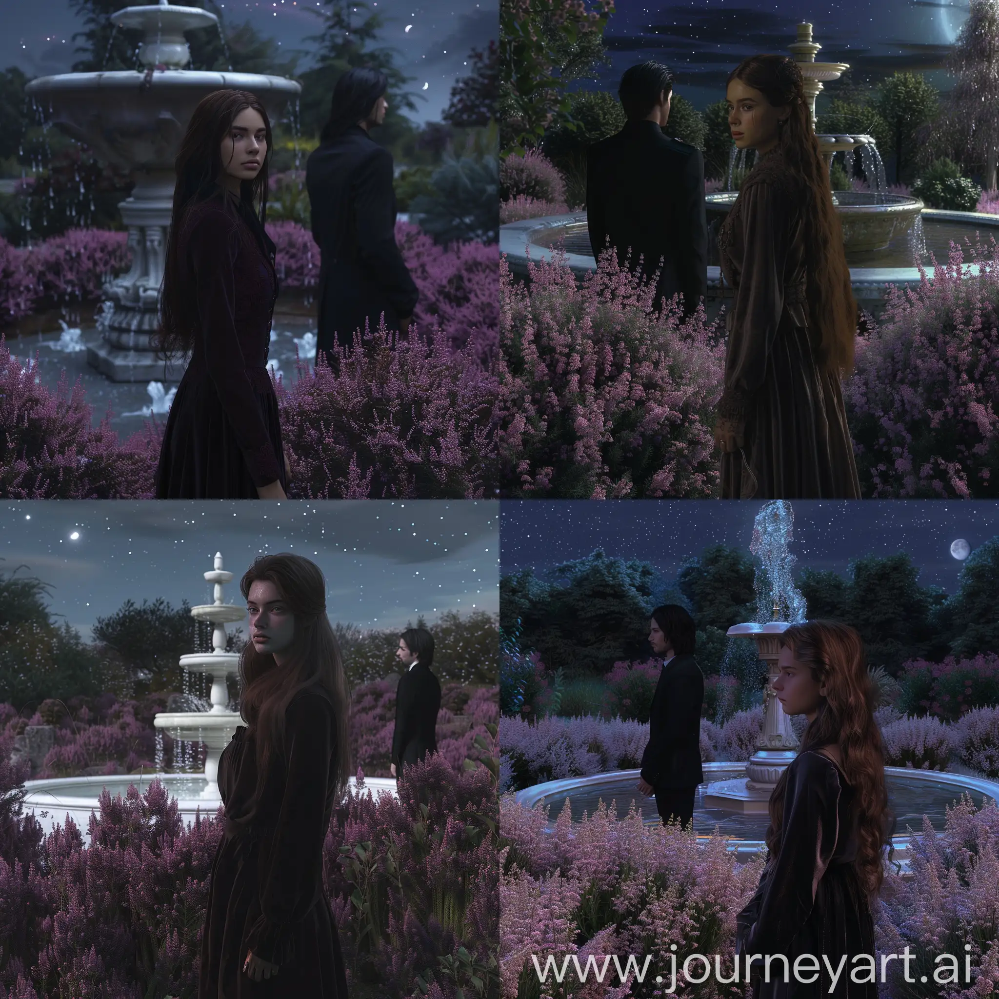 background fountain and garden of heather flowers, girl stands with her back to the camera long brown hair gothic long dress, man stands with his back to the camera black hair black suit, hyperrealism, hyperdetalization, professional photo, 16k, high resolution,moonlight, correct facial proportions, correct body proportions, far view, night, starry sky