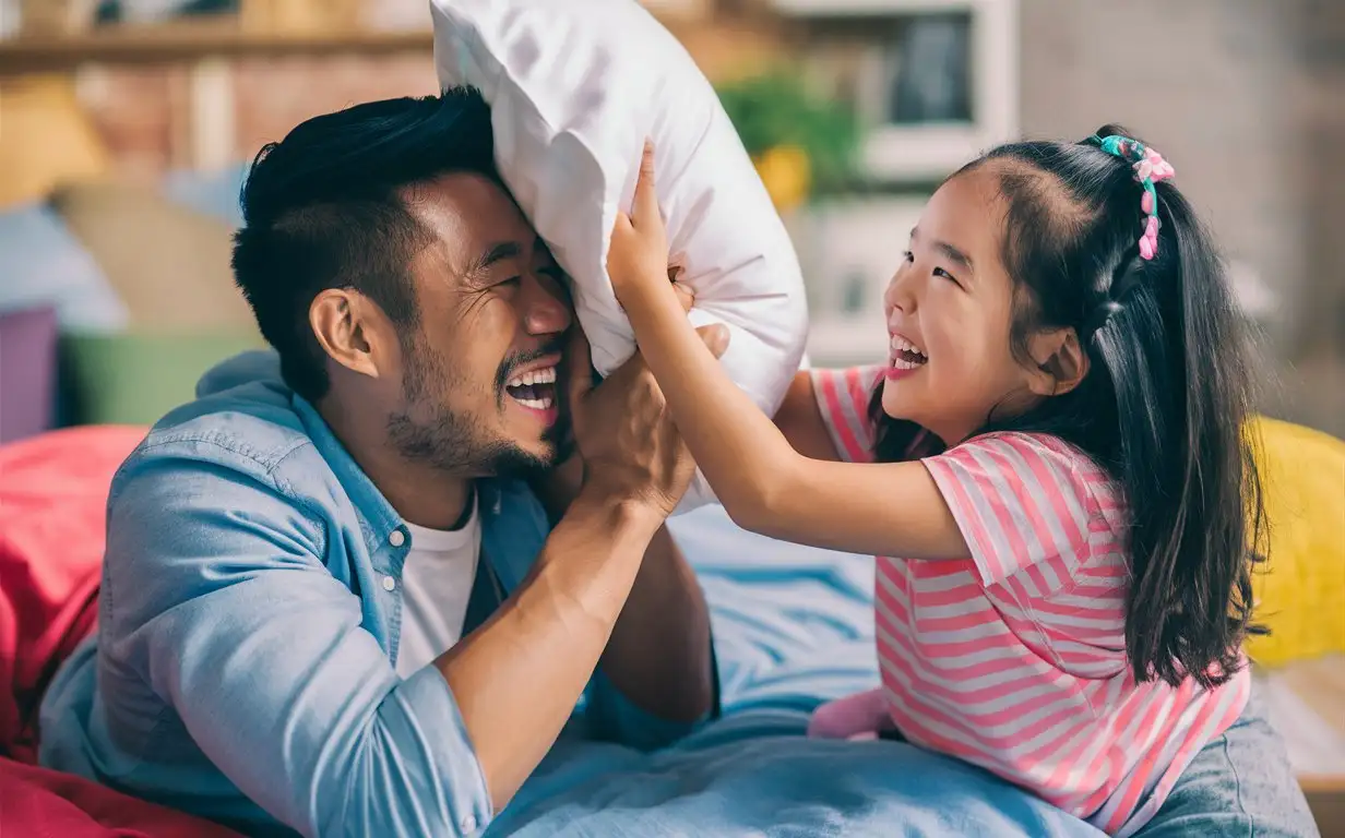 A candid snapshot capturing the pure joy and affection shared between a Asian father and his daughter as they engage in a playful pillow fight on the bed, the father's face lighting up with a wide smile as he receives a loving declaration from his little girl on Father's Day.