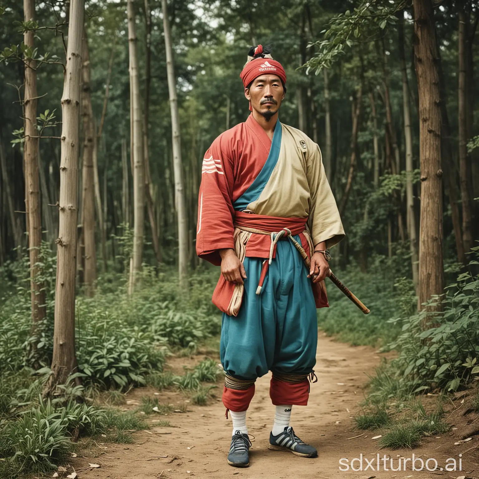 vintage photograph of a rural Versailles ronin man wearing adidas color and brand, circa 1867, colorized