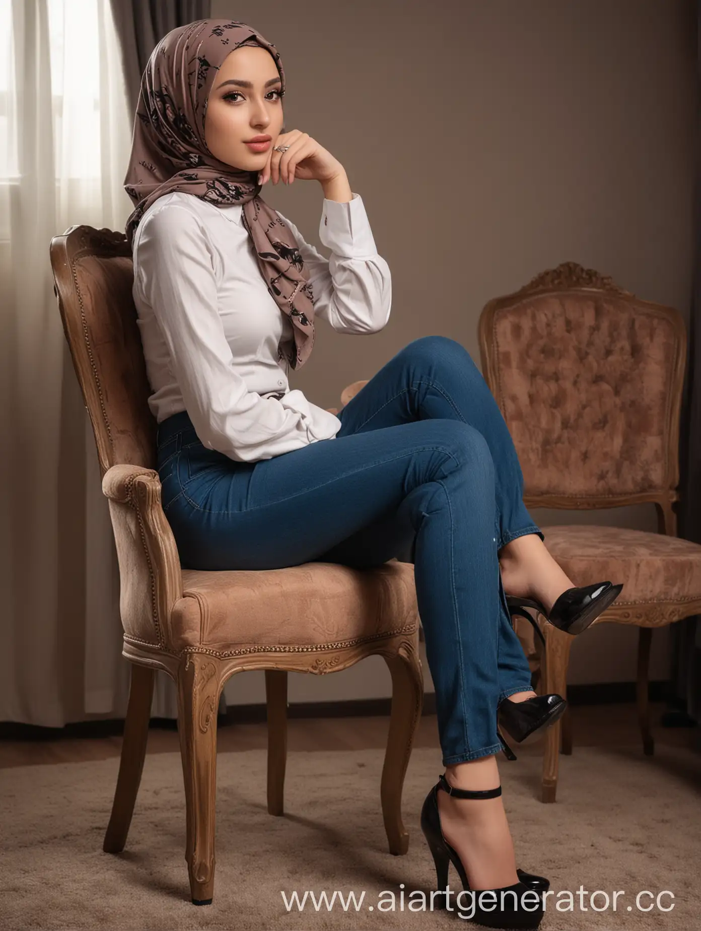 Fashionable-Hijabi-Woman-in-Elegant-Pose-with-Bell-Bottom-Jeans-and-High-Heels