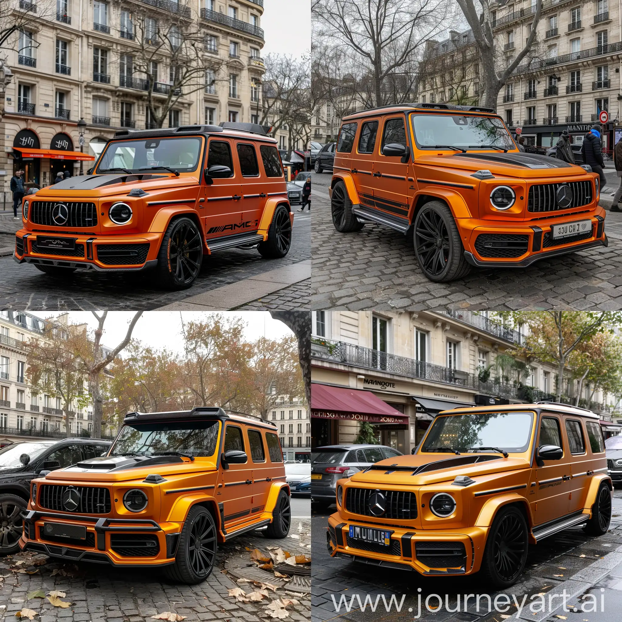 Mercedes g63 wagon 2022 in orange Mansory tune with special black rims parked in centrum of paris real life footage spotted
