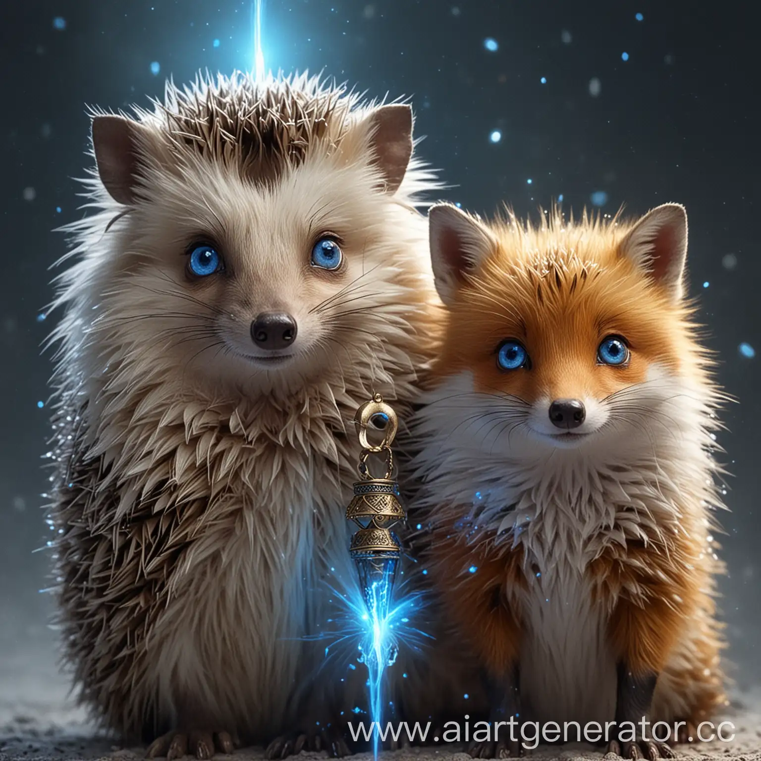 Enlightened-Hedgehog-and-Fox-with-Blue-Eyes-in-Mystical-Forest