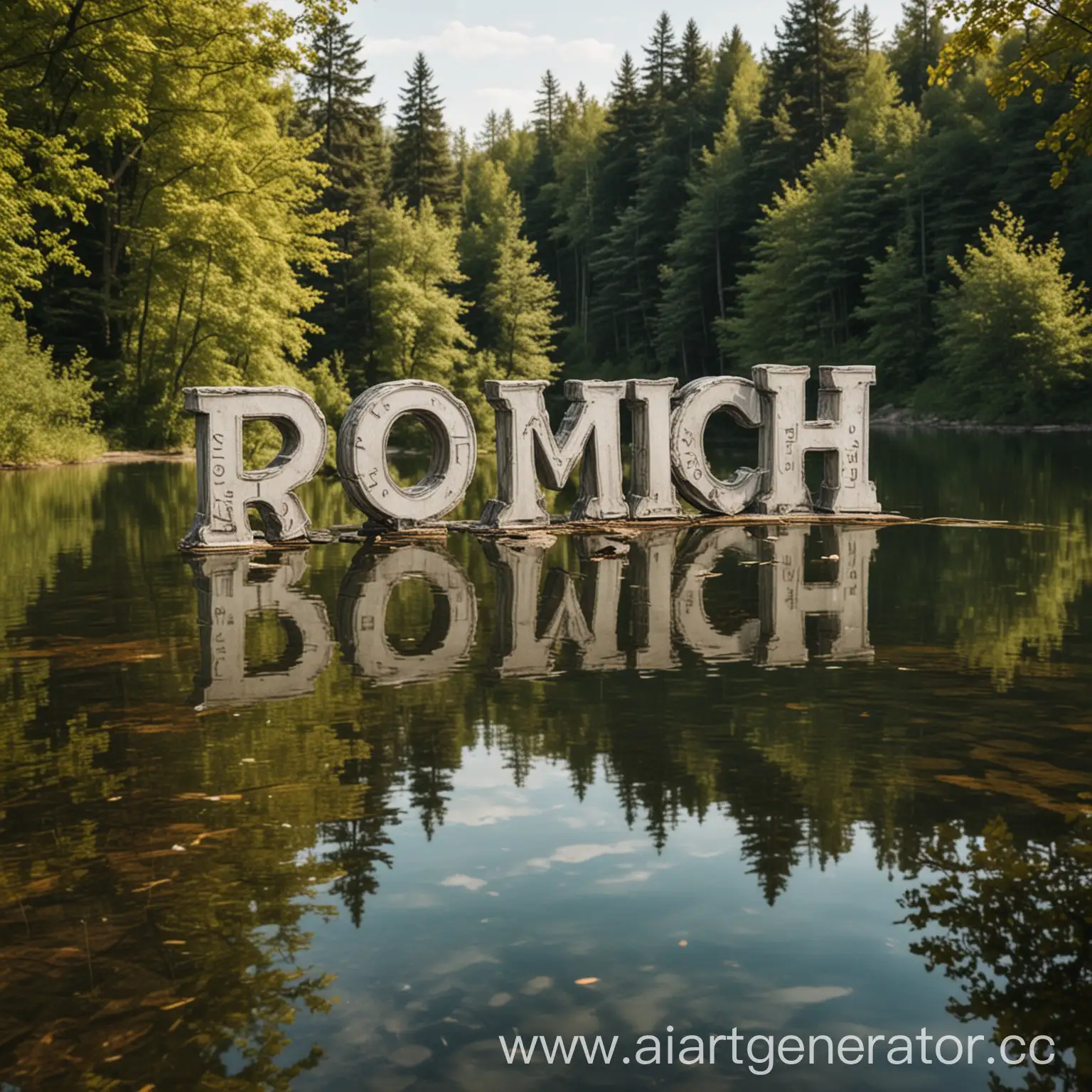 написать слов ROMYCH большими буквами  на фоне озера