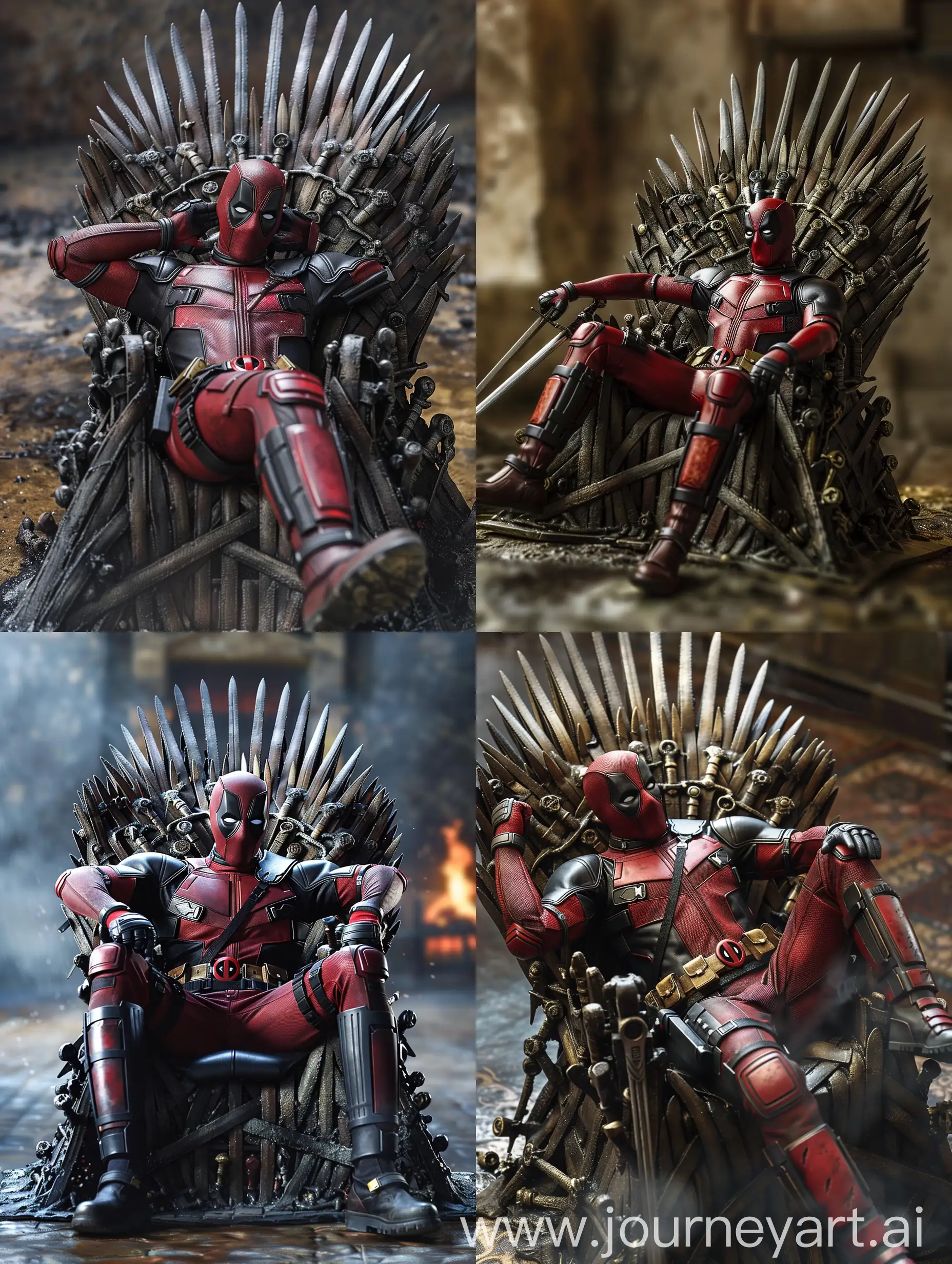 Deadpool lazy lies on a Iron Throne from Game of Thrones