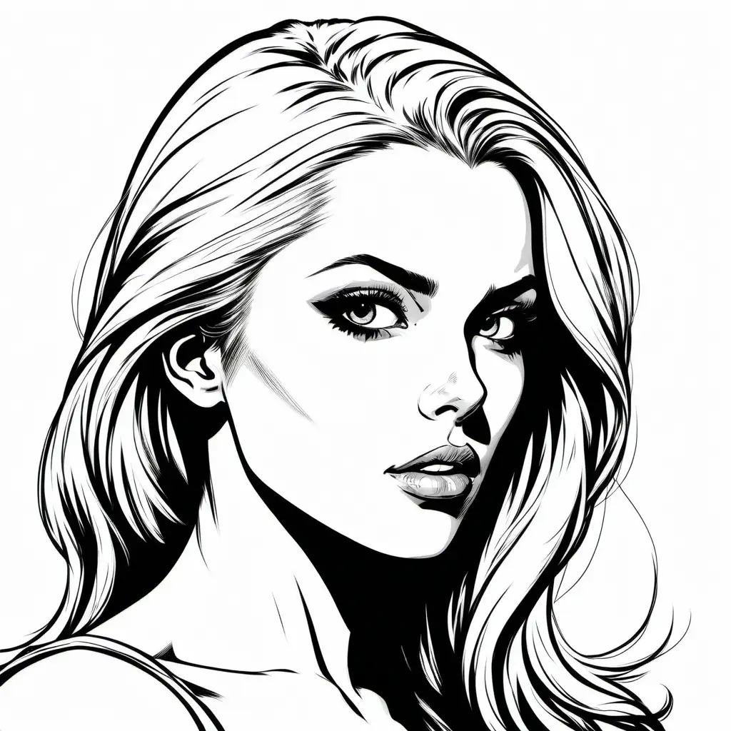 Inked Comic Book Style Portrait of a Beautiful Woman on White Background