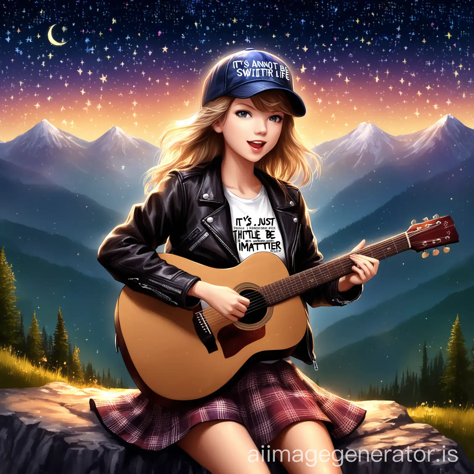 Generate a futuristic image of an 18-year-old Girl with a Taylor Swift cap + white t-shirt  with funny girl print + leather jacket + check skirt + Enjoying Music Night after a backpacking journey in the mountain range + playing acoustic guitar + Tag Line in the back ground: It's just another day and the little things In life that matter, So don't be afraid to sparkle or a little brighter +