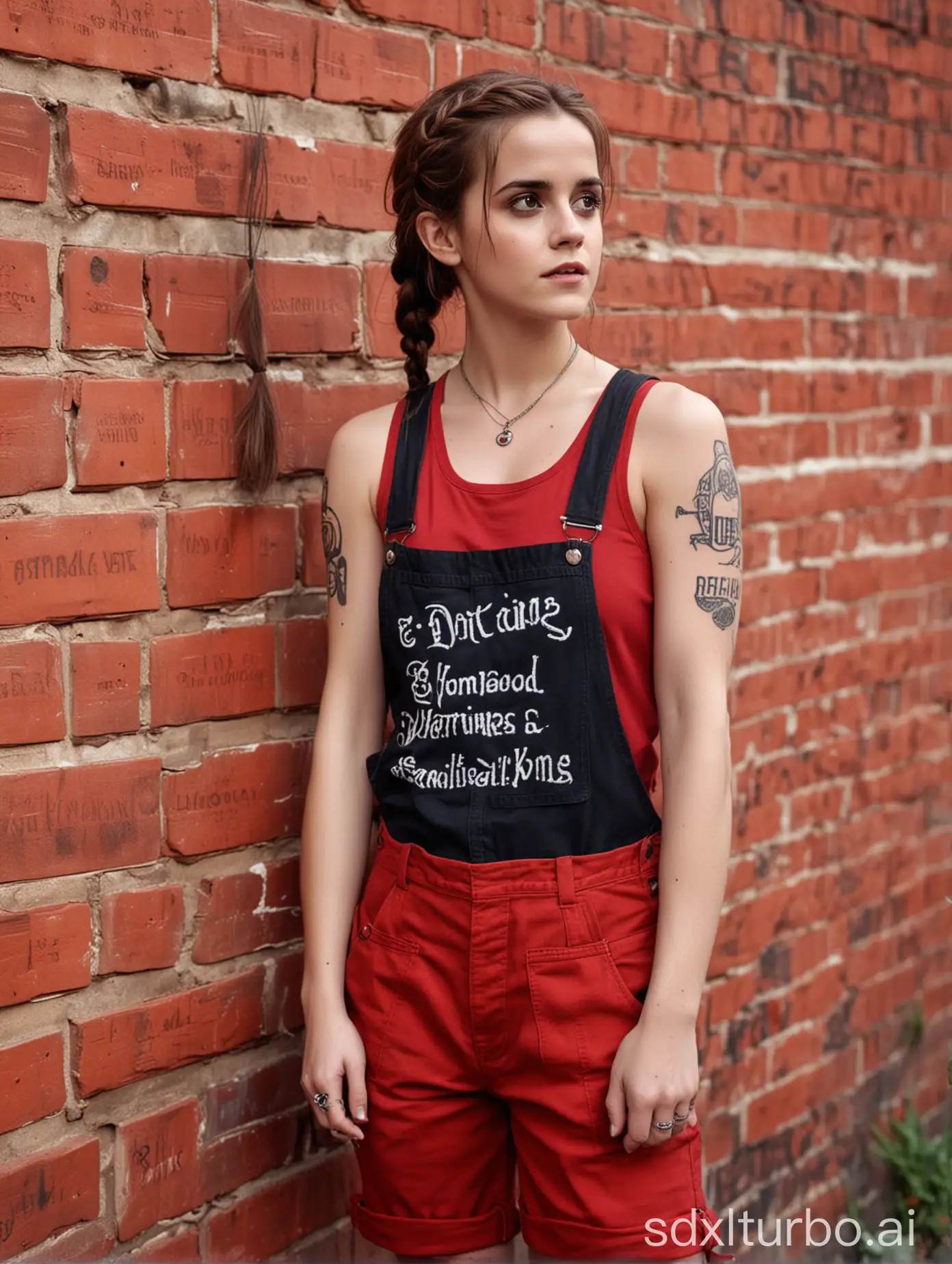 photograph of Emma Watson, in red dungarees and tank-top,tattoos and braids, gothic makeup, smoking, leaning on a graffited red brick wall with a non smoking sign