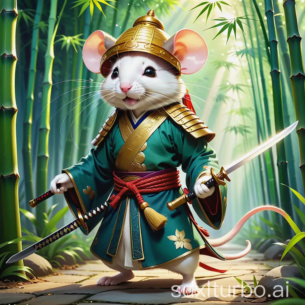 A personified mouse, dressed in elegant ancient Chinese warrior attire, wearing a bamboo hat, holding an unsheathed sword, exudes a mysterious and adventurous atmosphere.