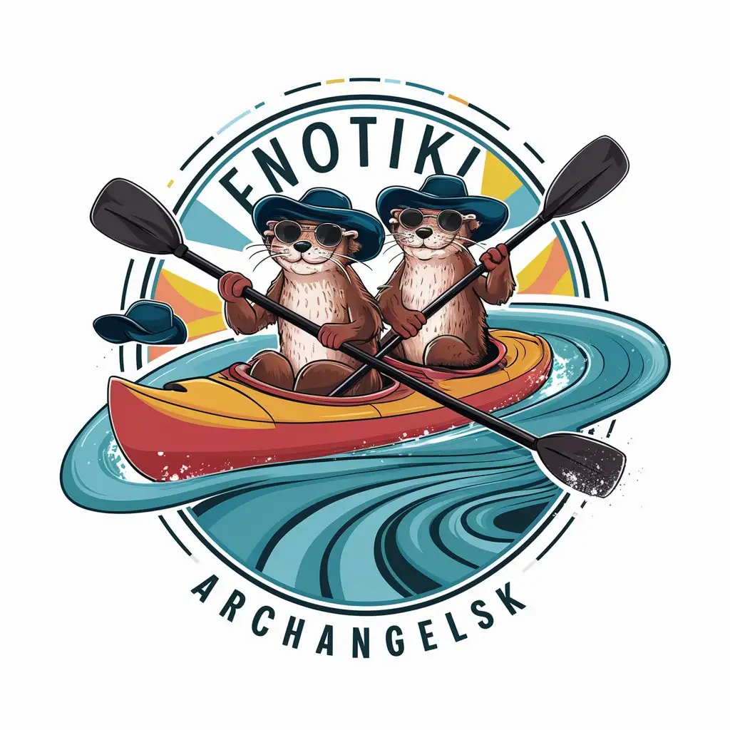 a logo design,with the text 'ENOTIKI', main symbol:2 brave otters paddle a kayak DOWN A RIVER with oars in BIG hats and sunglasses, 'archangelsk' written on the bottom, bright colors, oval frame of river, white background,complex,be used in Travel industry,clear background